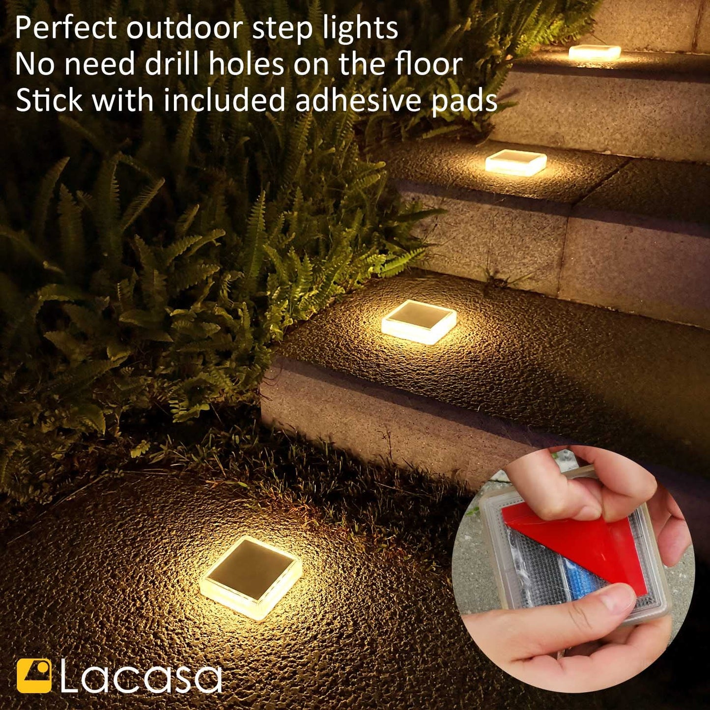 Lacasa Solar Deck Lights, 4 Pack 30LM LED Dock Lights Warm White 2700K, Outdoor Solar Powered Step Lights Light up All Night IP68 Waterproof Auto ON/Off for Garden Stairs Driveway Pathway Lighting