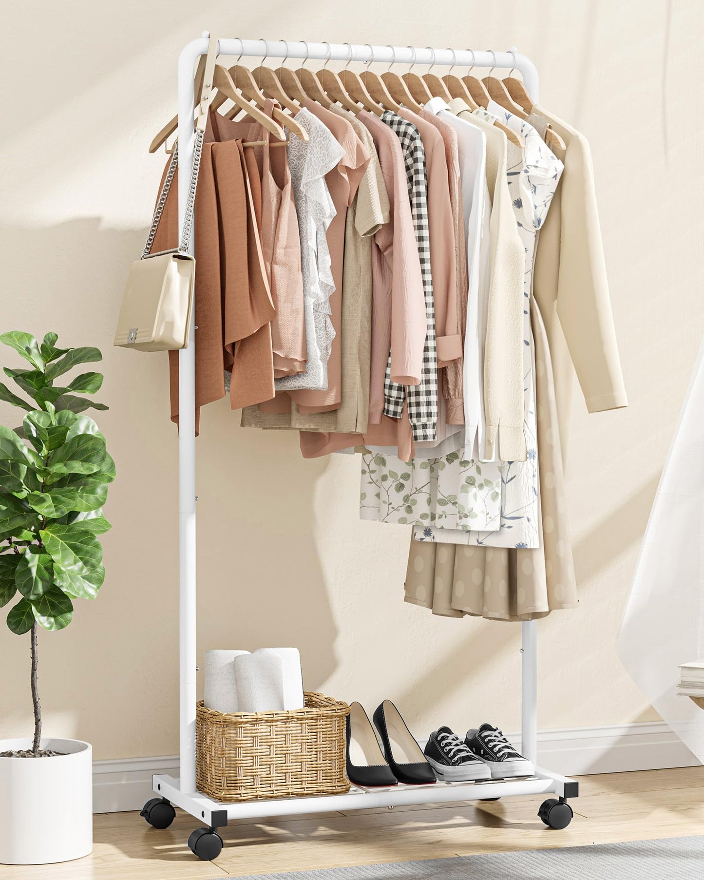 Sakugi Clothing Rack - Movable Multi-Functional Coat Rack with 4 Universal Wheels, Long-Lasting Metal Clothes Rack with Extra Storage Shelf for Bedroom, Office, Laundry(White, 73W x 43.5D x 150H cm)