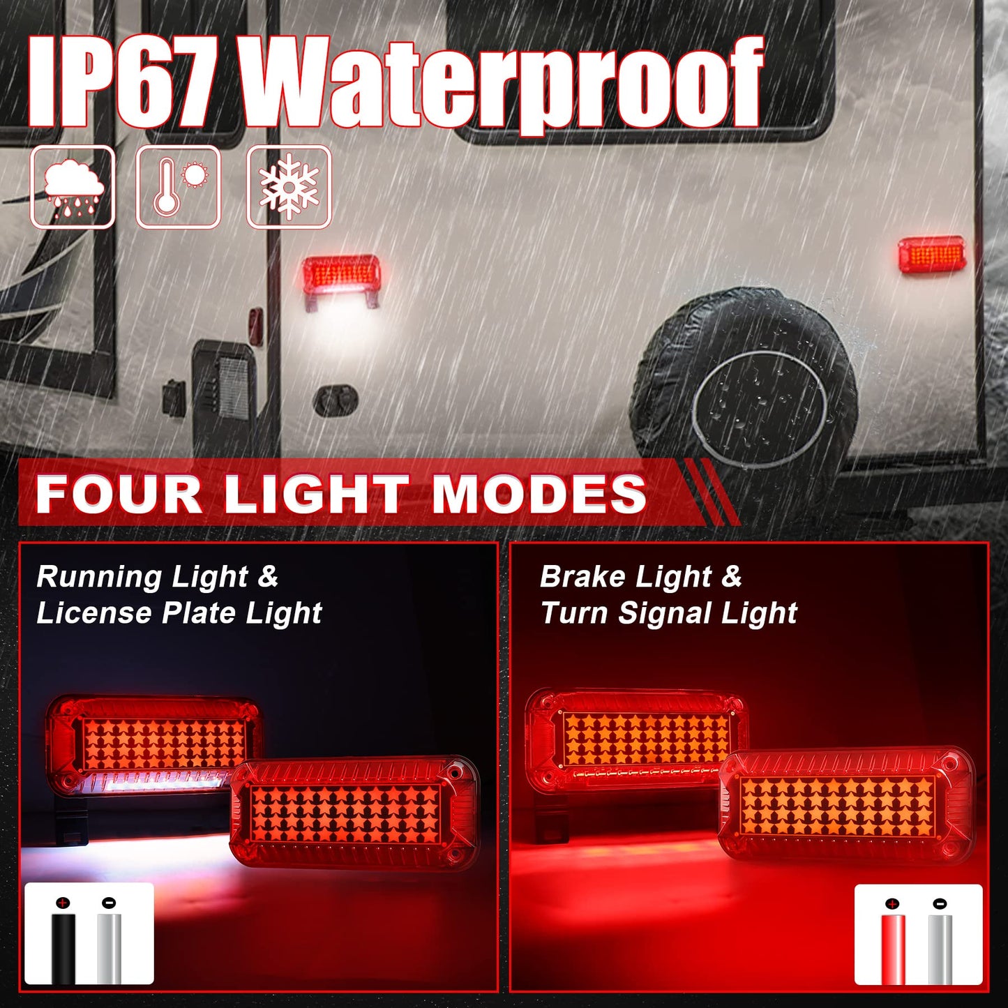 POVTOR Trailer Tail Lights 57 LEDs with Running/Turn Signal/Stop License Plate Light/RV Brake Lights Star Red Reflex Surface Mount Rectangular Camper Tail Lights