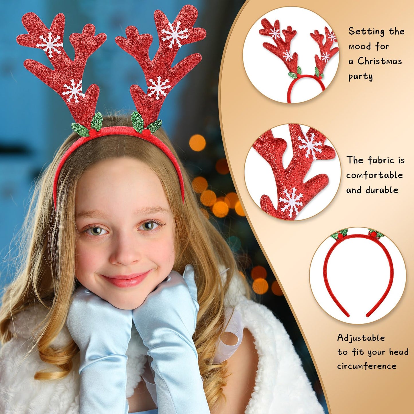Zubebe Christmas Deer Antlers Headband Glitter Snowflake Reindeer Bulk Antlers Headpiece Headdress for Costume Party (48 Pcs)