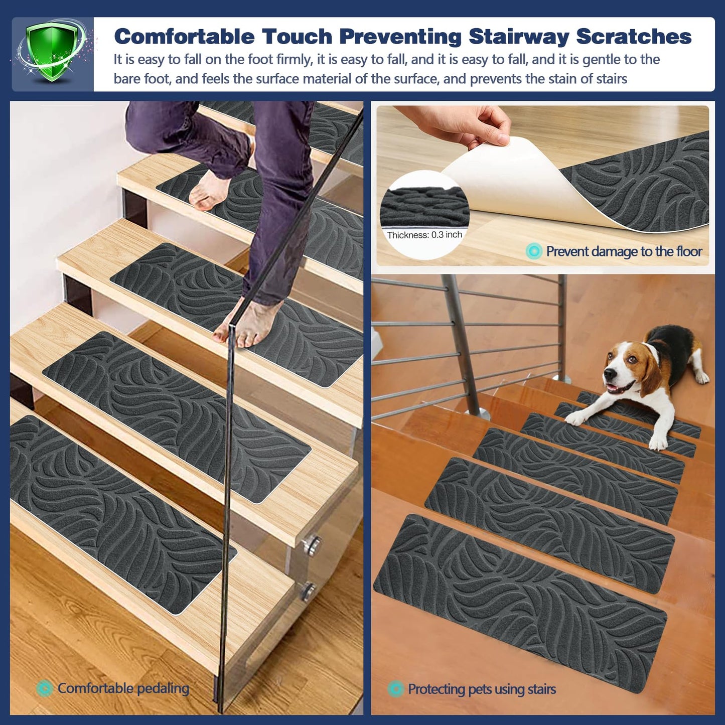 Non-Slip Stair Treads Carpet for Wooden Steps(15 Pack), 21.6 x 7.4IN Self-Adhesive Stair Treads Mat, JAYFAN Safety Indoor Stair Runner Mats, Anti Slip Stair Treads for Kids Elders and Dogs Pets