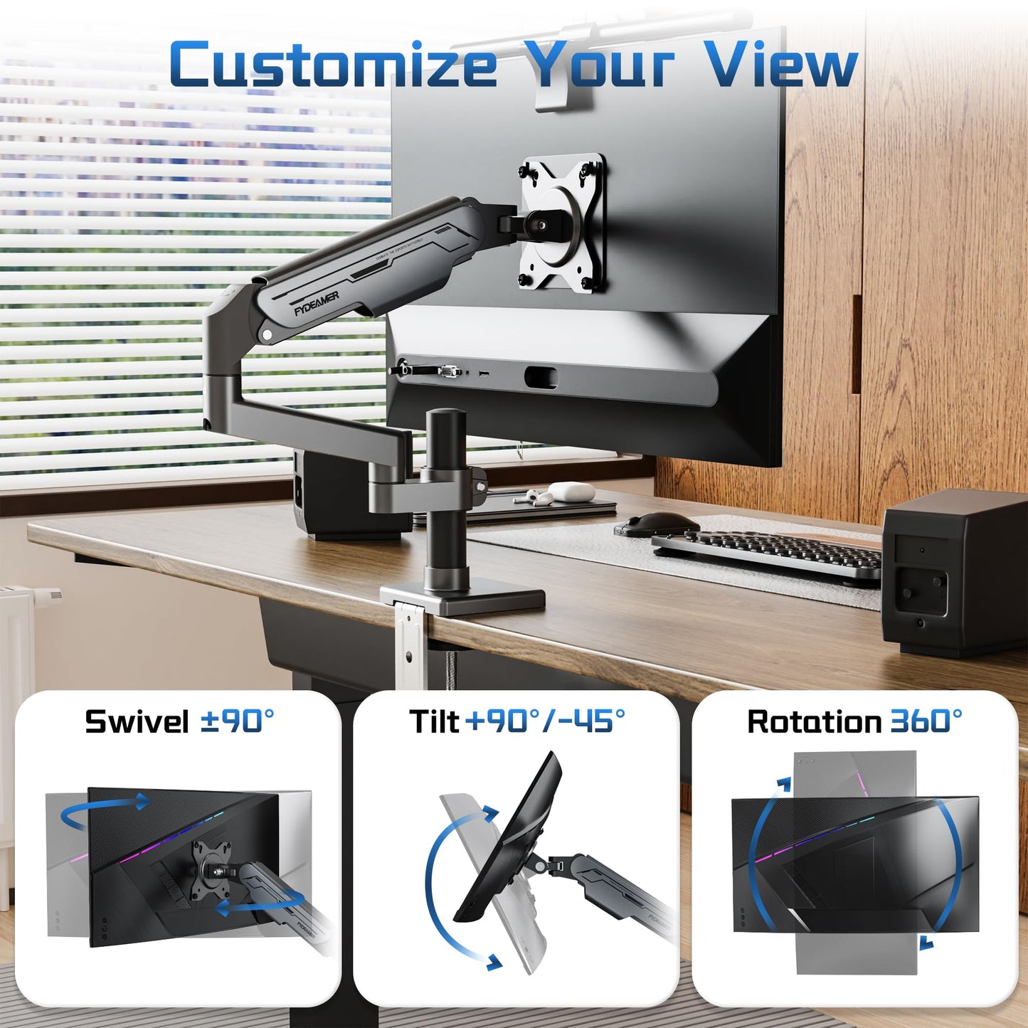 Fydeamer Single Monitor Arm, Heavy Duty Gas Spring Mount with Height Adjustment & Tilt for 17-32 Inch Screens up to 19.8 lbs, Adjustable VESA Desk Mount with Dual Installation Options, Gray & Black