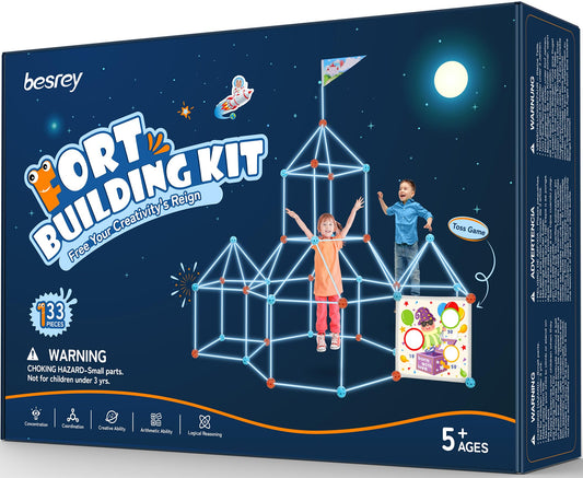 besrey Fort Building Kit for Kids with Toss Game, 133 Pcs Creative Fort Toy, STEM Construction Toy, Outdoor Play Structure, Kids Outdoor Toys,DIY Play Tent Tunnel (Blue Nightglow)