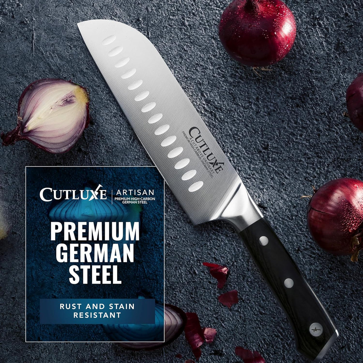 Cutluxe Santoku Knife – 7" Chopping Knife, Vegetable Knife – Forged High Carbon German Steel, Sheath Included, Full Tang, Razor Sharp, Ergonomic Handle Design – Artisan Series