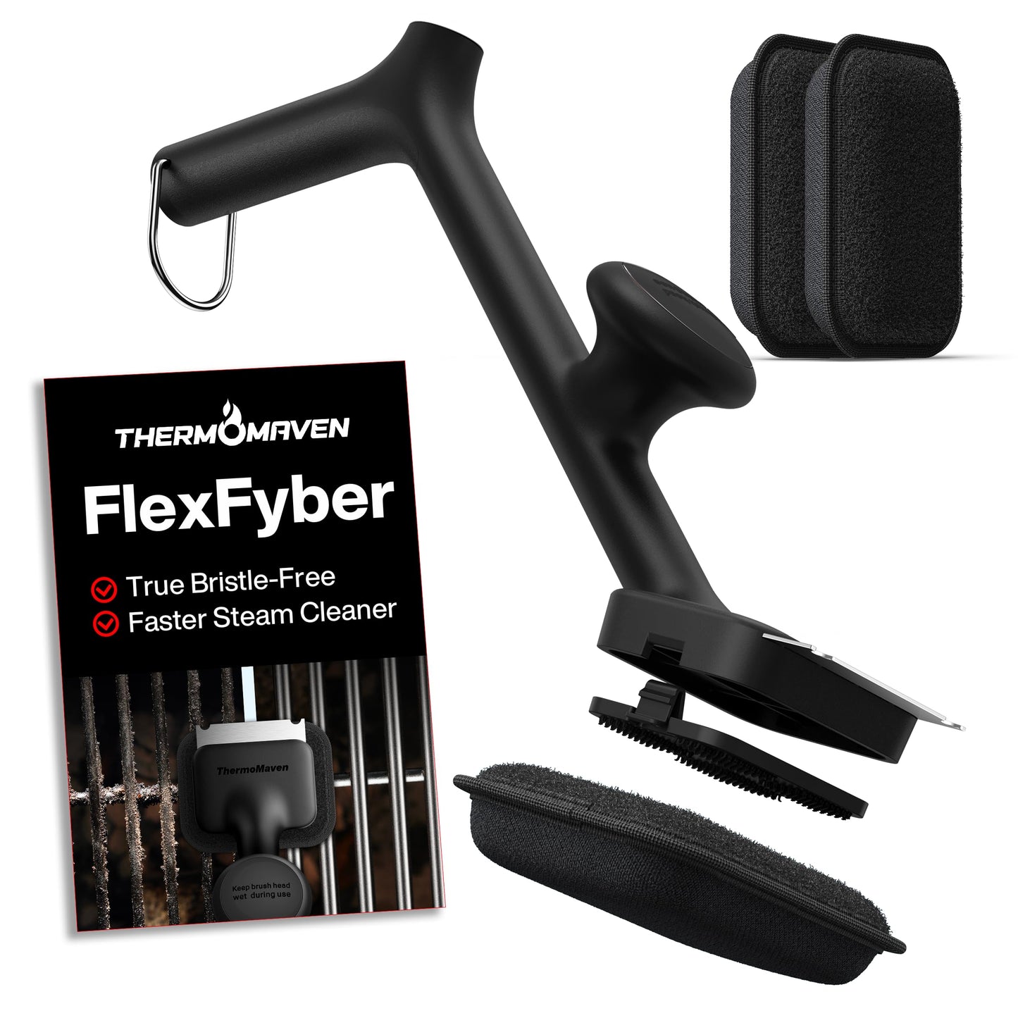 ThermoMaven Bristle Free Grill Brush with 3 Replaceable Heads - Safe Steam Grill Cleaning Tool with Scraper for Charcoal, George Foreman, Weber, Gas and Outdoor Grills, Black