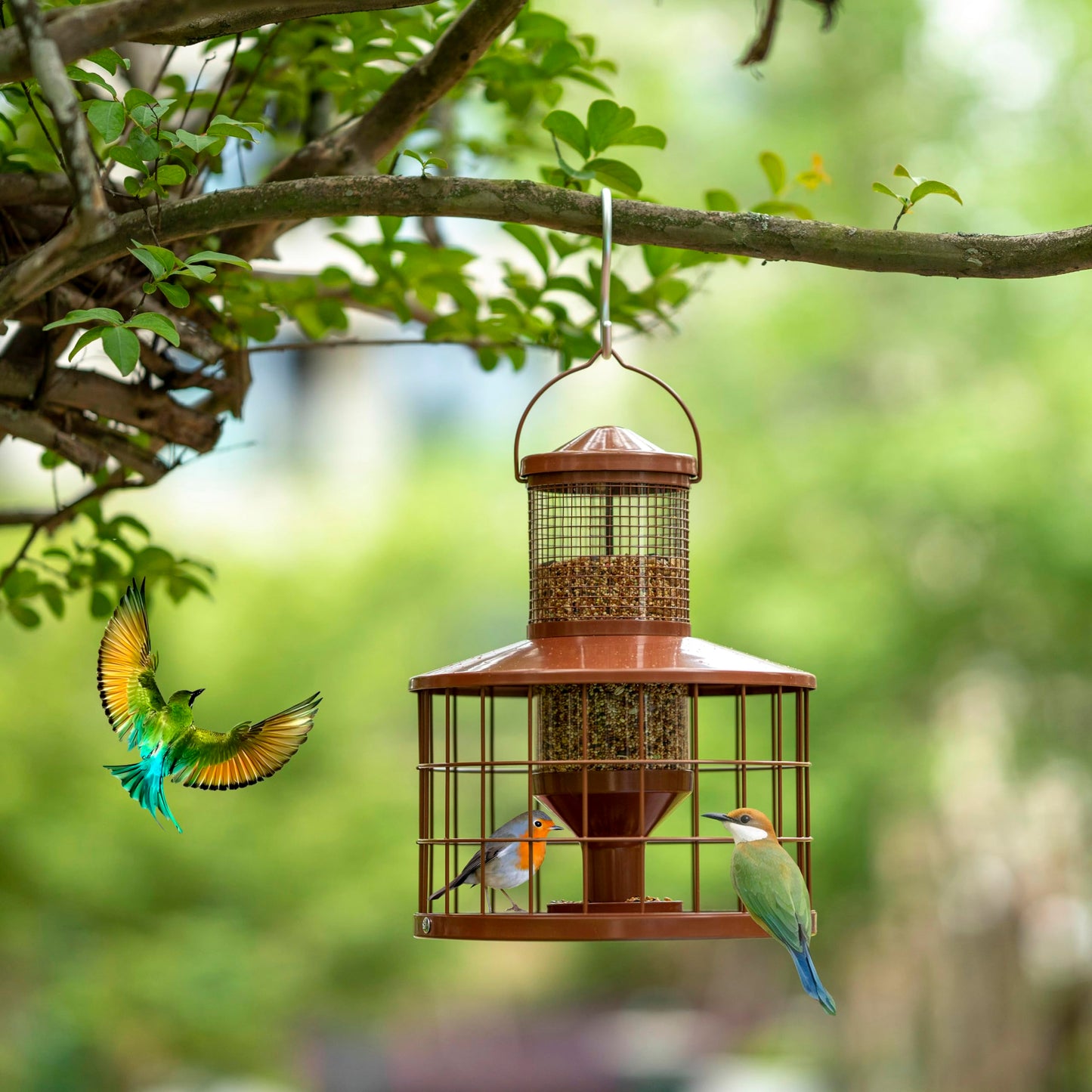 Caged Bird Feeders Squirrel-Proof, Metal, 2.8 Lbs Capacity-Cage Tube Seed Feeders with Tray Outdoor Hanging, Attract Birds,Detachable Cleaning, Starling Proof Wild Bird Feeder（Brown）