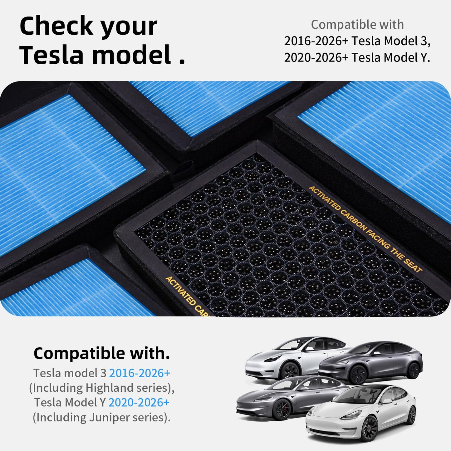 CYBERBEANS Air Conditional Replacement with Activated Carbon for Tesla Model 3/Y HEPA Cabin Air Filter Accessories 2016-2024 2025 Juniper Highland Upgraded Version(4 Pack)