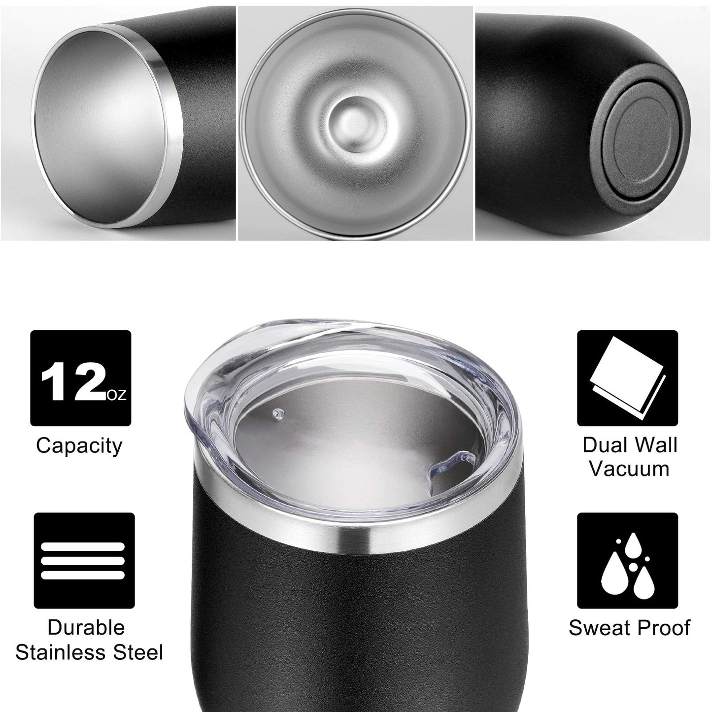 VEGOND Wine Tumblers Bulk 12 Pack, 12oz Stainless Steel Stemless Wine Glass with Lids and Straws, Double Wall Vacuum Insulated Tumbler Cup，Coffee Mug for Cold Hot Drinks