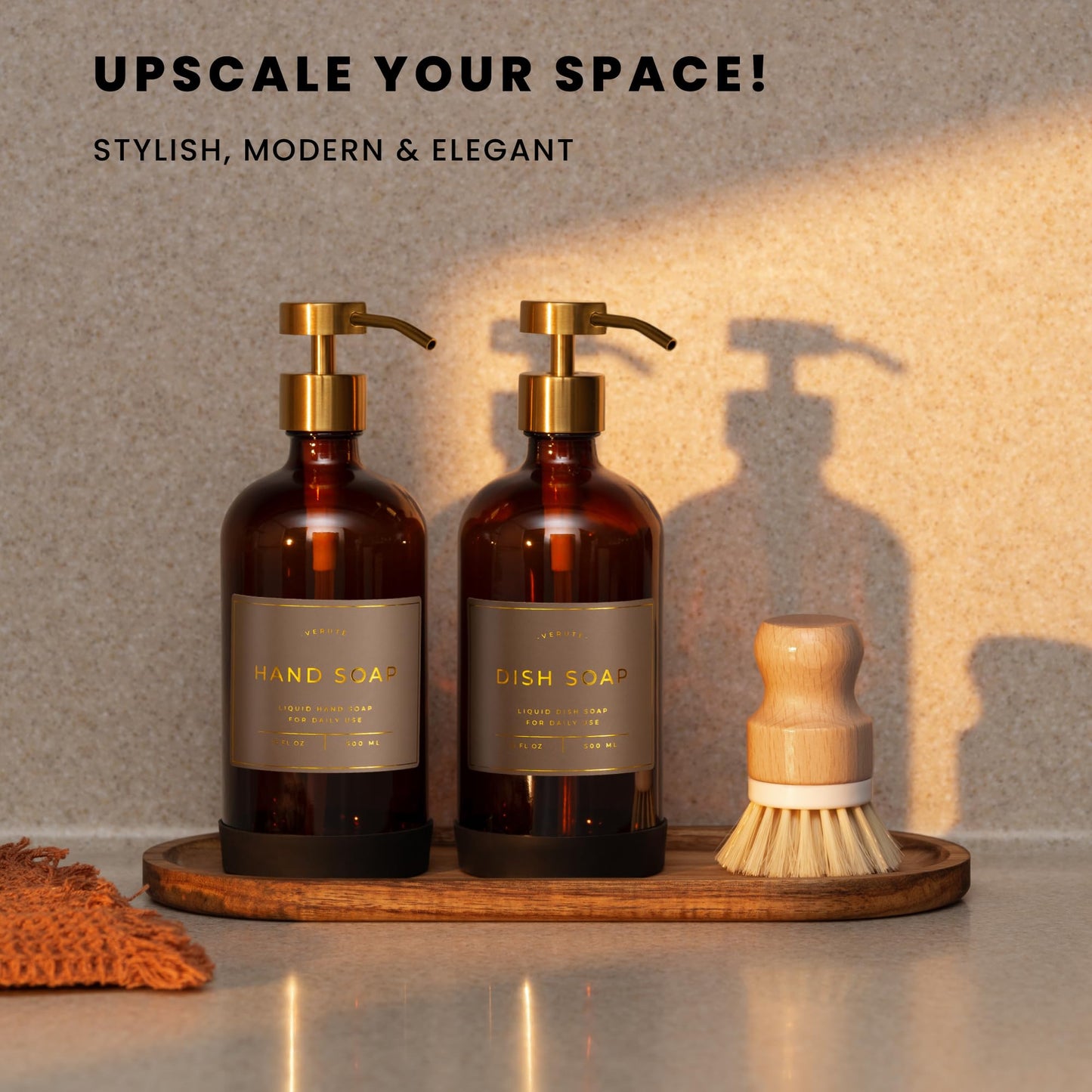 Verute 500ml Glass Soap Dispenser with Stainless Steel Pump, 21 Waterproof Labels, Non-Slip Protective Silicone Pad, Set of 2 for Bathroom & Kitchen (Amber Bottle/Brushed Gold Pump)