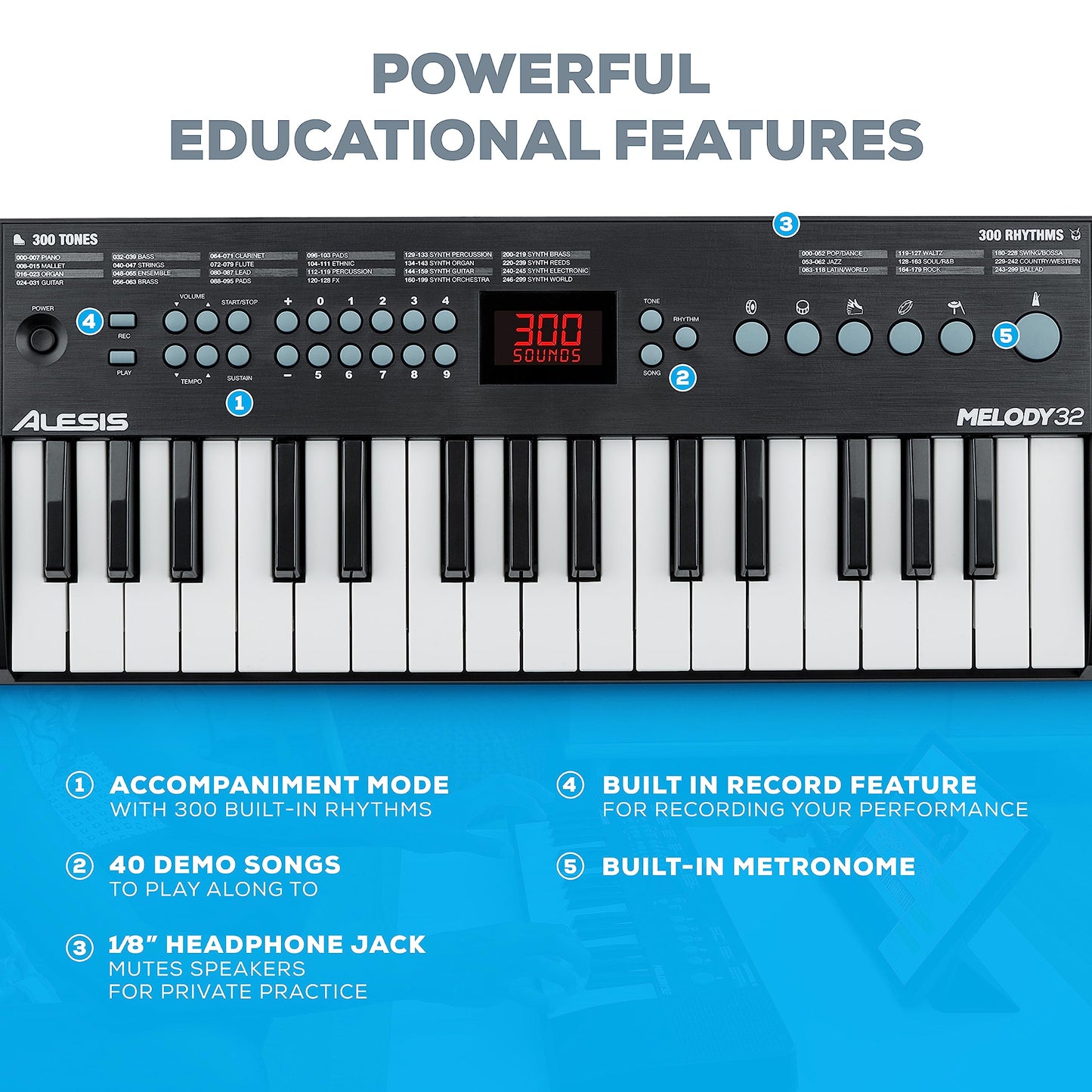 Alesis Melody 32 - Electric Keyboard Digital Piano with 32 Keys, Speakers, 300 Sounds, 300 Rhythms, 40 Songs, USB-MIDI Connectivity and Piano Lessons