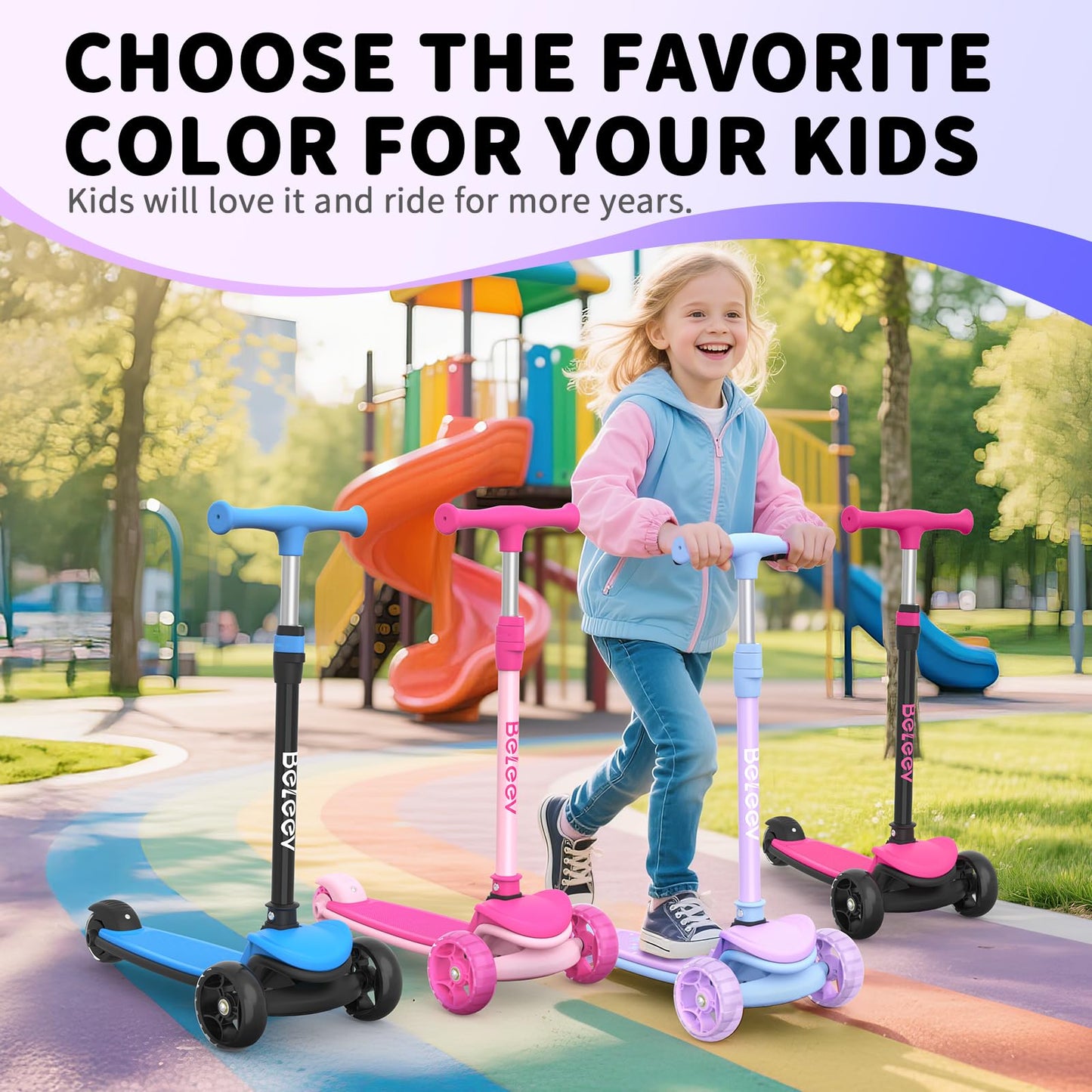 BELEEV A8 Scooter for Kids Ages 3-12, 3 Wheel Folding Scooter for Toddlers Girls & Boys with LED Light Up Wheels, 4 Adjustable Height, Extra Wide Deck, Lightweight Kick Scooter for Children (Purple)