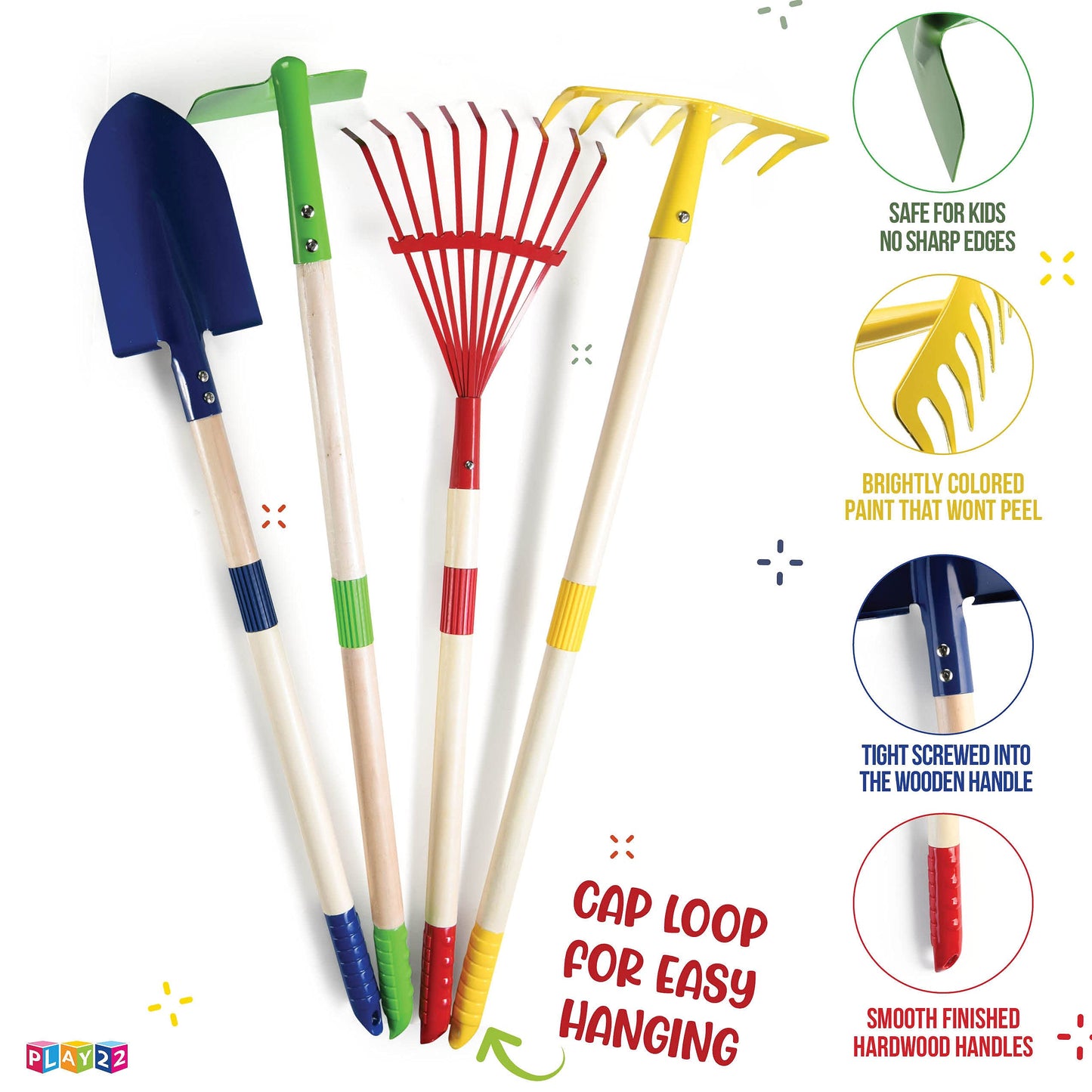 Play22 Kids Garden Tool Set Toy 4-Piece - Shovel, Rake, Hoe, Leaf Rake, Wooden Gardening Tools for Kids Best Outdoor Toys Gift for Boys and Girls