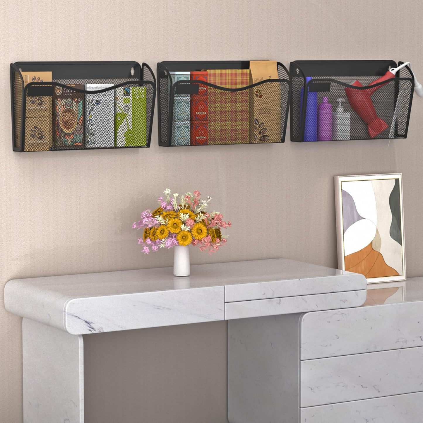 Wall File Organizer, 3 Single Pockets Mesh Hanging File Organizer, Mount Document Magazine Rack with Labels, Hanging File Folders for Office, Home and School, Black