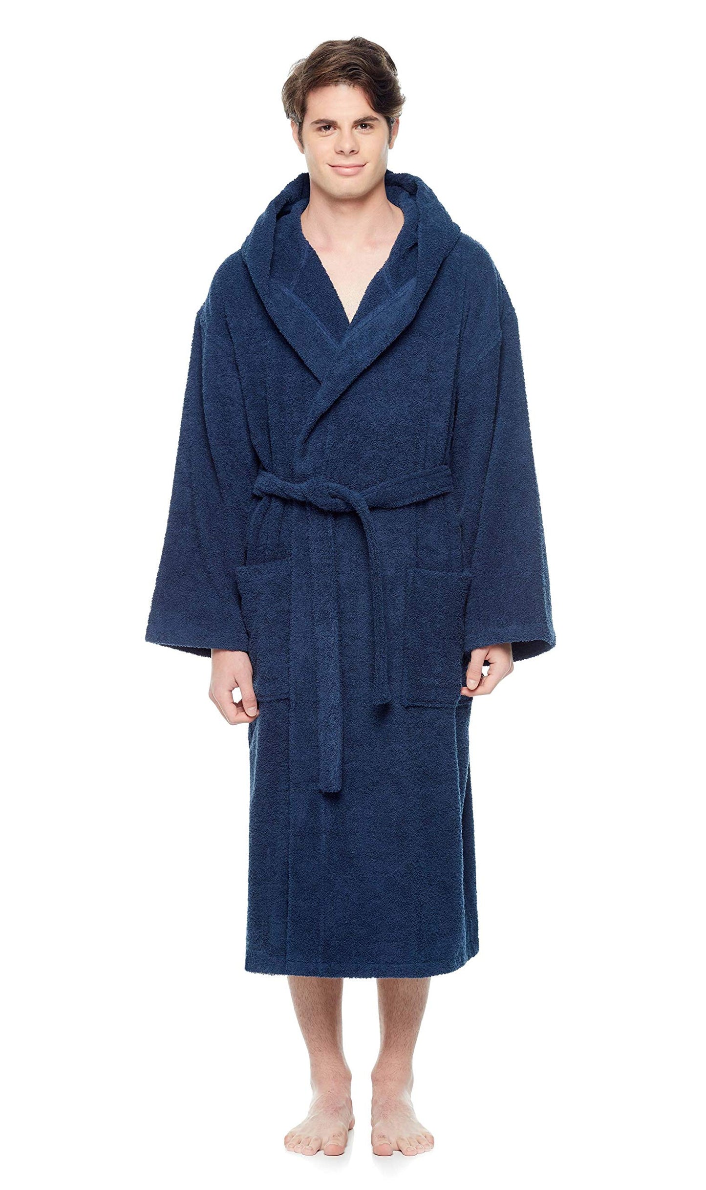 Arus Men's Hooded Classic Bathrobe Turkish Cotton Robe with Full Length Options (XXL,N.Blue)