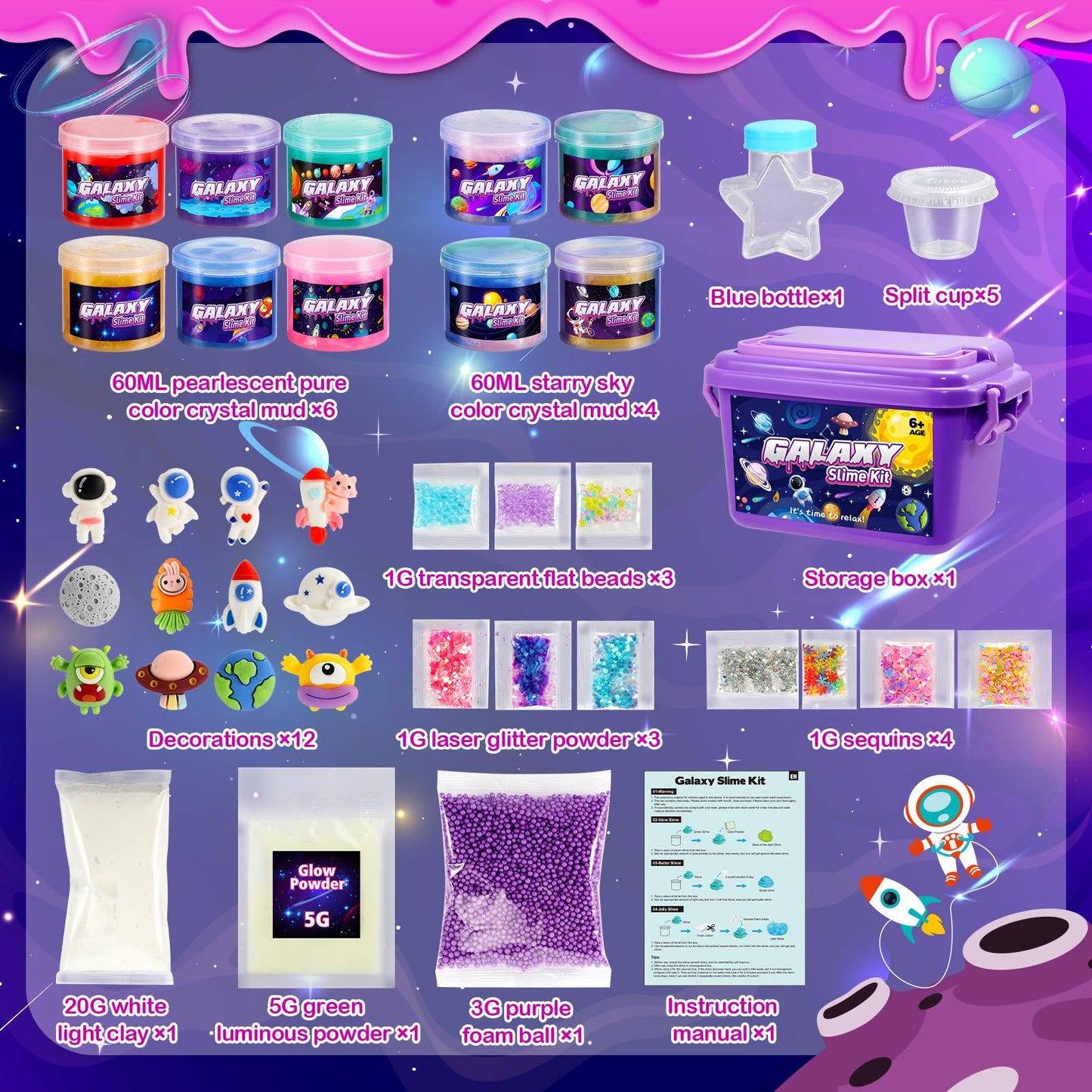 Slime Kit,decked Galaxy Slime Kit for Girls 6-12 Butter Glow Slime for Kids Age 6-10 Galaxy Slime for Kids DIY Toy for 6-8 Year Old Girls Easter Gifts for 6-12 Year Old Girl