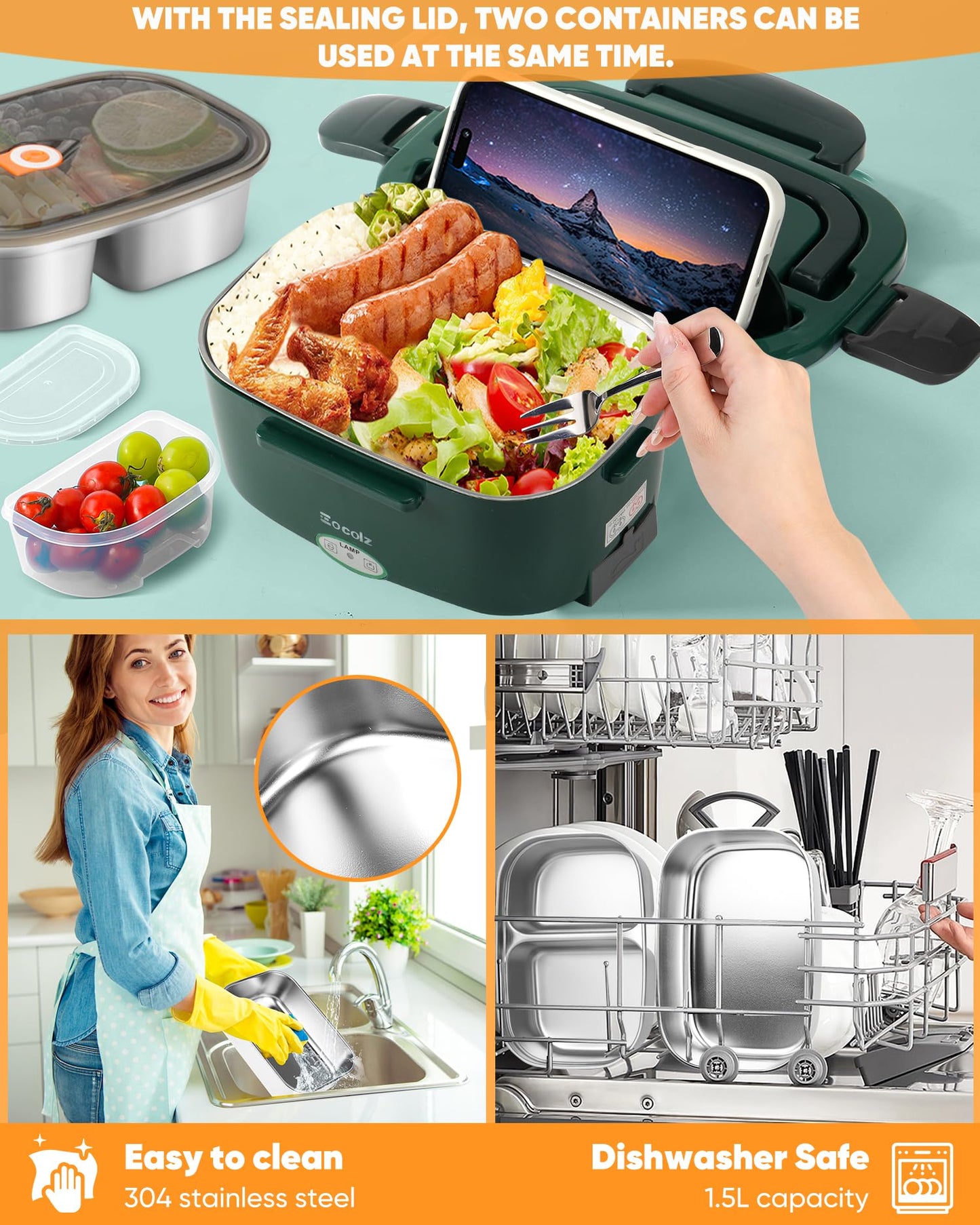 Electric Lunch Box Food Heater - 100W Fast Heating Lunch Box 12V/24V/110-230V Warming Lunchbox, Dual 1.5L Containers, Portable Food Warmer for Car/Truck/Travel, with Spork & Insulated Carry Bag