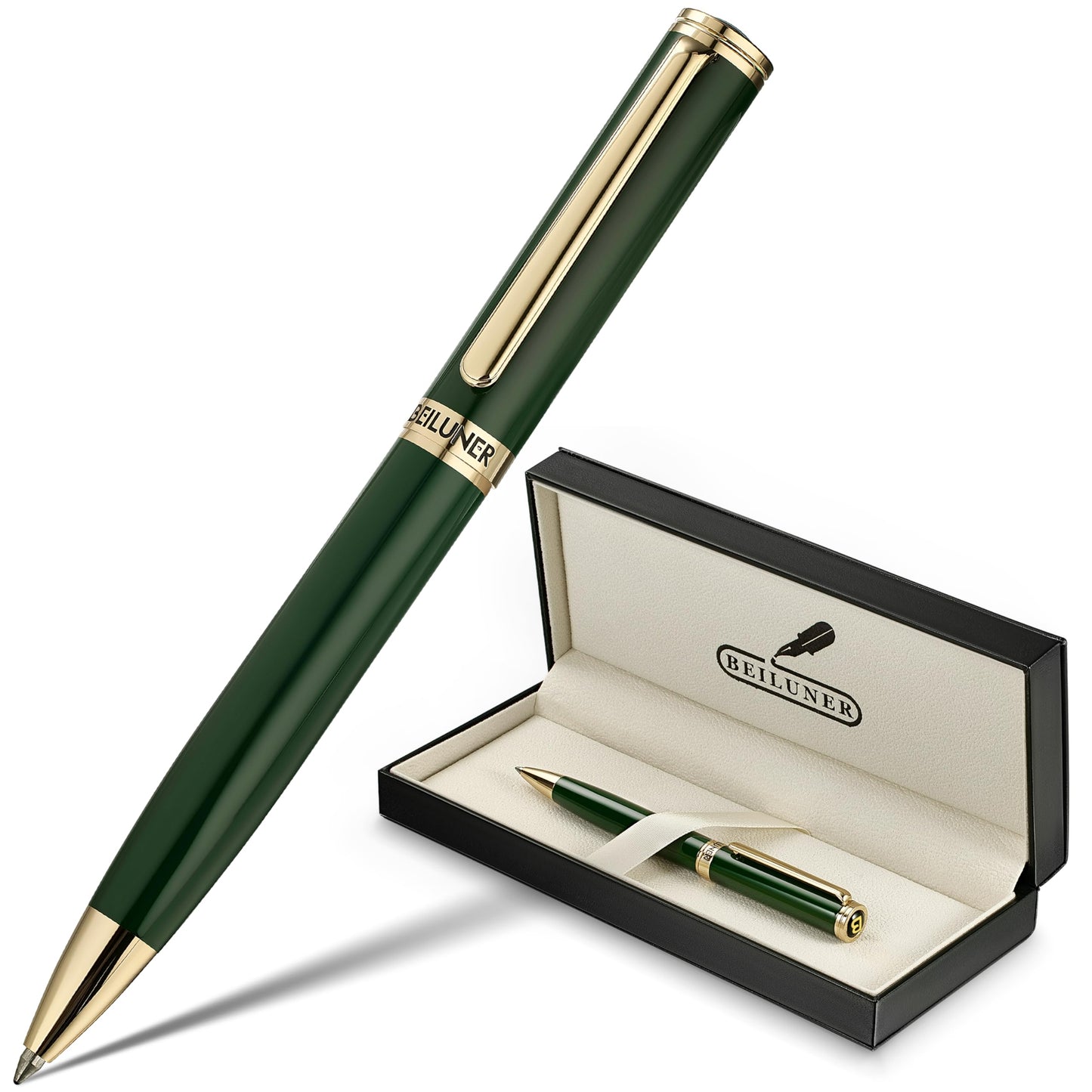 BEILUNER Luxury Gel Pen with 24K Gold Electroplating Finish, Green Piano Lacquer, Nice Craftsmanship, Best Gel Pen Gift Set for Men and Women, Professional, Office, Retractable, Designer Pens