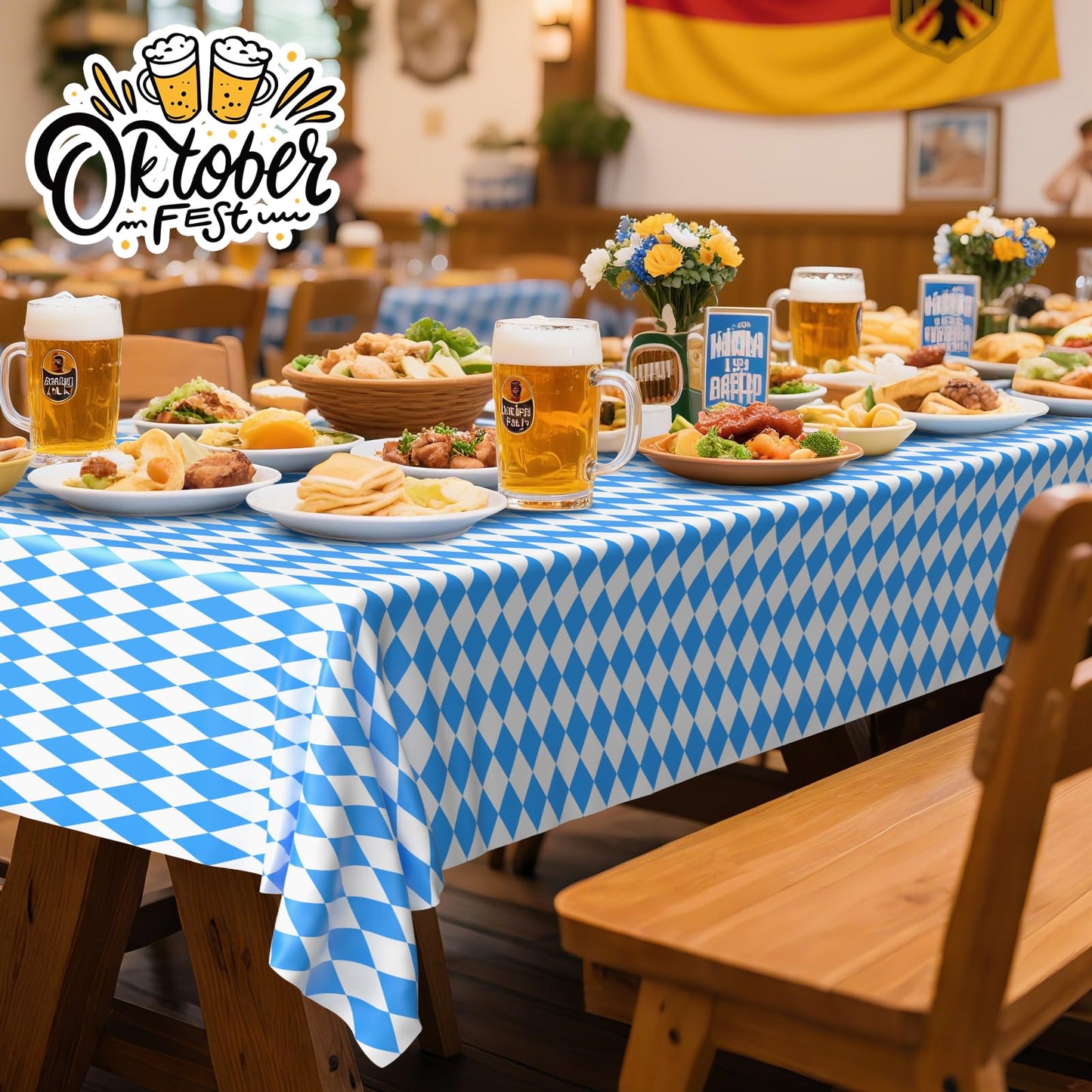 51 in x 98.5 Ft Oktoberfest Plastic Table Cloth Roll with Cutter Box,Disposable Blue and White Diamond Table Cloth,Waterproof Bavarian Flag Tablecover for German Oktoberfest Party Decorations