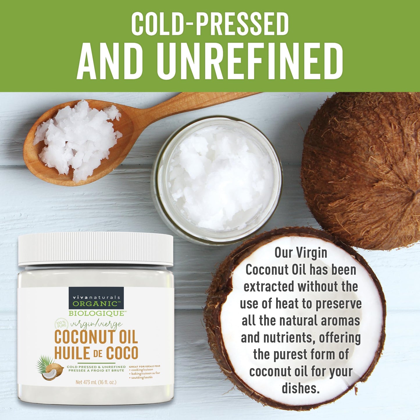 Viva Naturals Organic Virgin Coconut Oil,16 fl oz (473 mL) – Coconut Oil for Hair, Skin, Cooking & Baking – Cold-Pressed, Unrefined & Non-GMO – Keto & Paleo Certified – BPA-Free Jar