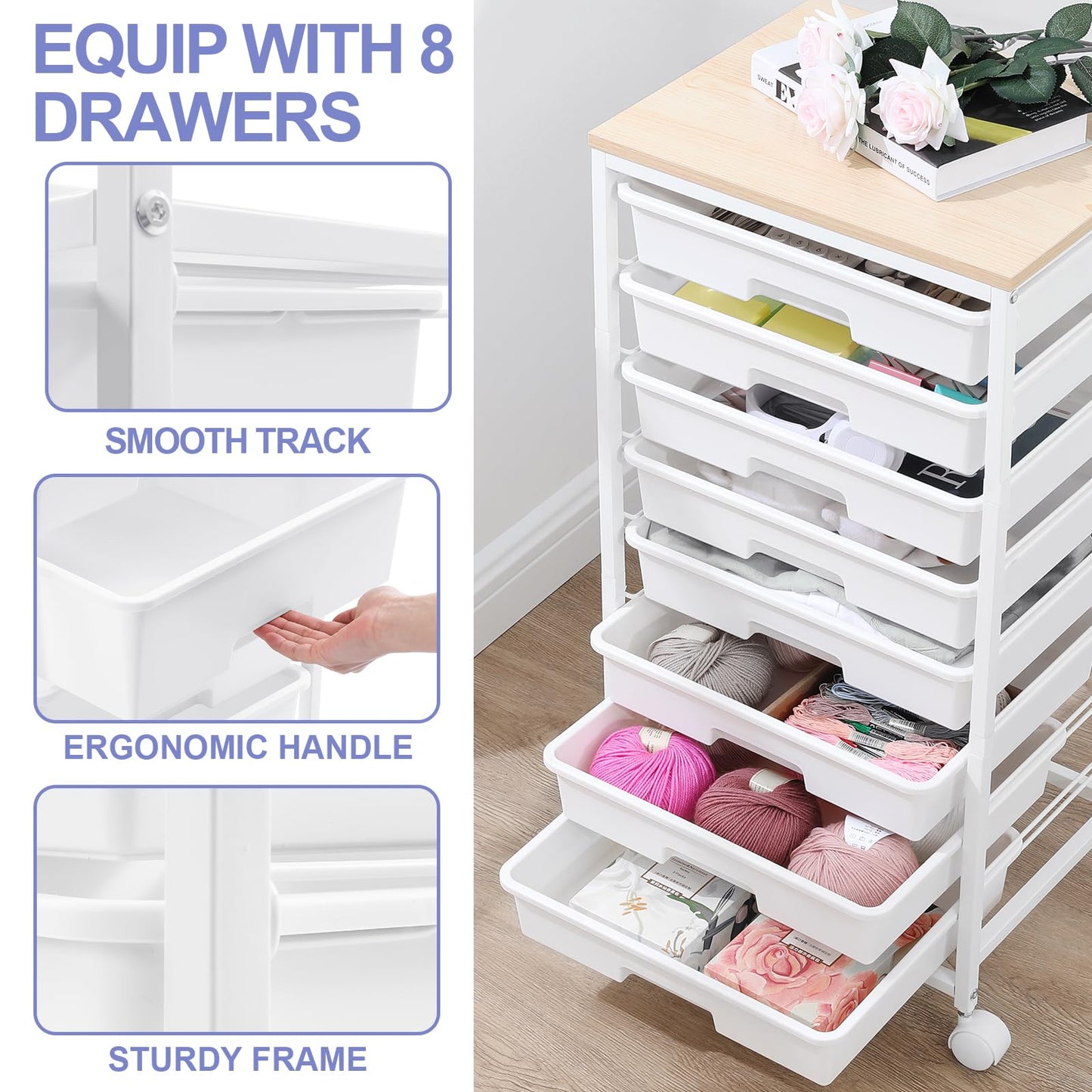 SYKIARIOL Utility Cart with 8 Drawer,Rolling Storage Cart with Wooden Tabletop and Lockable Wheels,Storage Drawer Cart with Large Capacity, 8 Tiers Drawer Cart for Home Office,Nature White