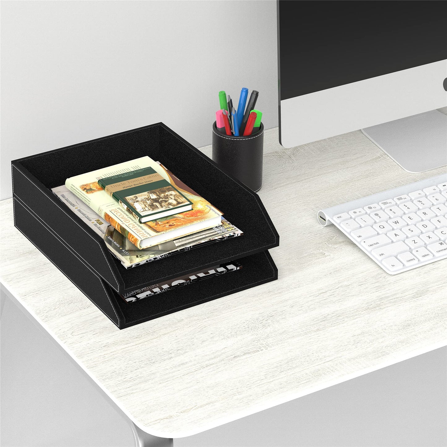 Leather Letter Tray, Thipoten Stackable Desk Organizer Holder for Office Supplies, Paper, File, Magazine, Perfect Office Organization for Desktop (Black-2Tiers)