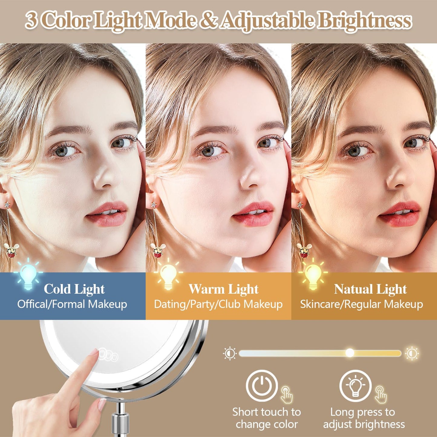 BTremary 20X Make Up Mirror with Lighting Adjustable Height, 8” Magnifying Mirror with Lights, 2500mAh Illuminated Makeup Mirror 360 Rotation Light Up Mirror for Detail Makeup in Bathroom/Bedroom.