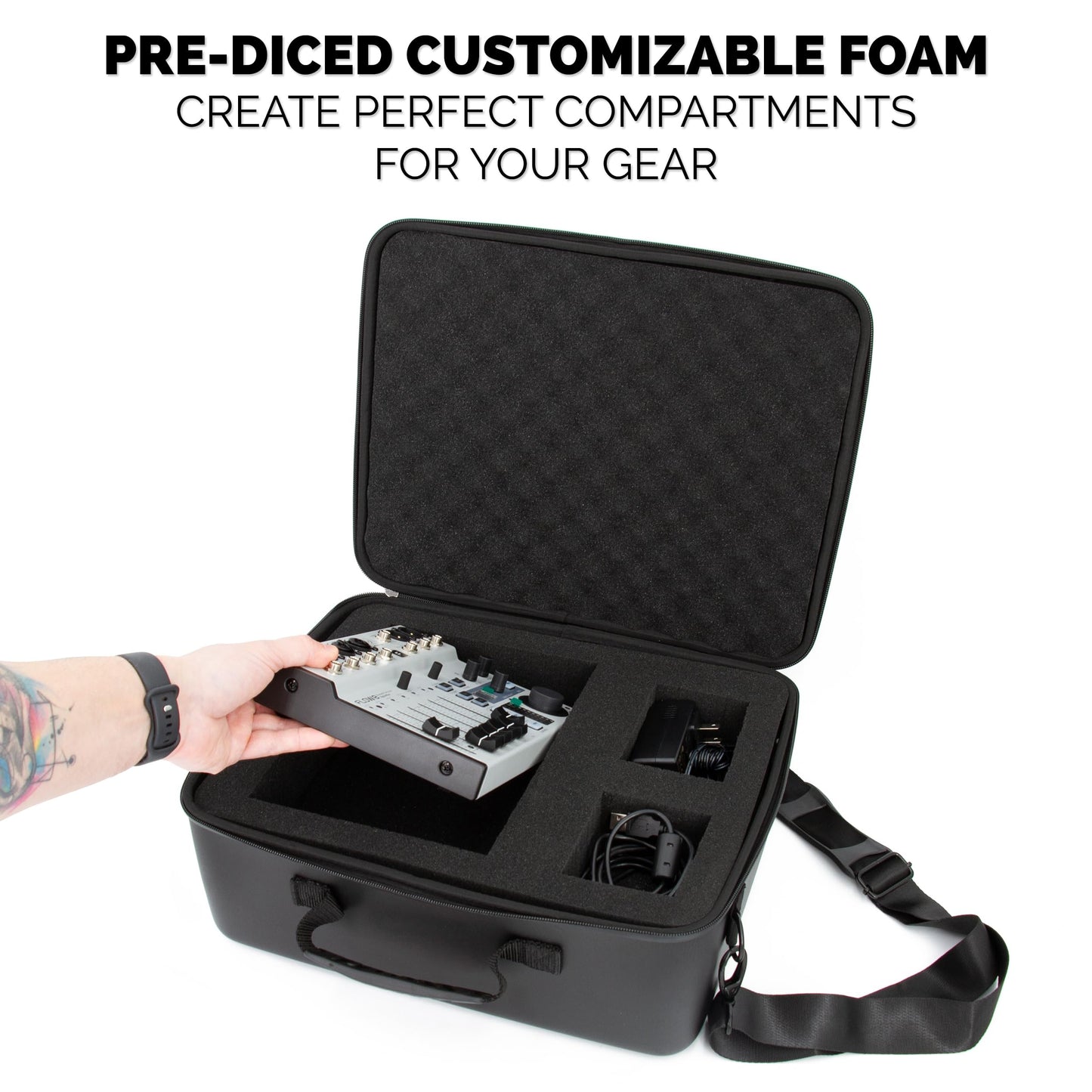 CASEMATIX Mixer Case Compatible With Behringer Flow 8 and Xenyx 802s, 502s, 1002sfx, 1202sfx and Audio Accessories with Two Customizable Foam Trays, Fits DJ Mixers up to 13.5" x 10.5" x 2.2", Black,