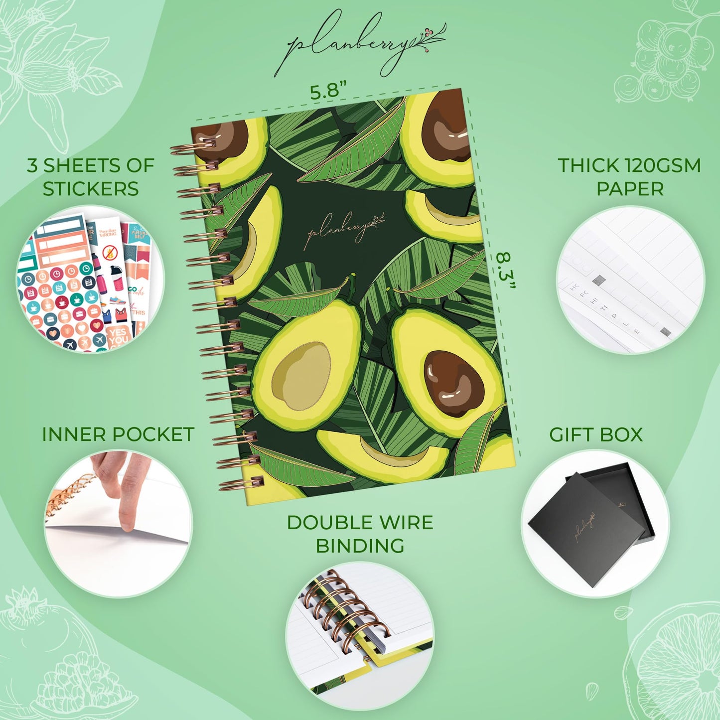 PLANBERRY Food Journal Premium – Nutrition Planner with Diet & Calorie Tracker – Wellness Diary for Tracking Meals & Exercise – Weight loss Journal - 6.3x8.5″ Hardcover (Avocado Green)