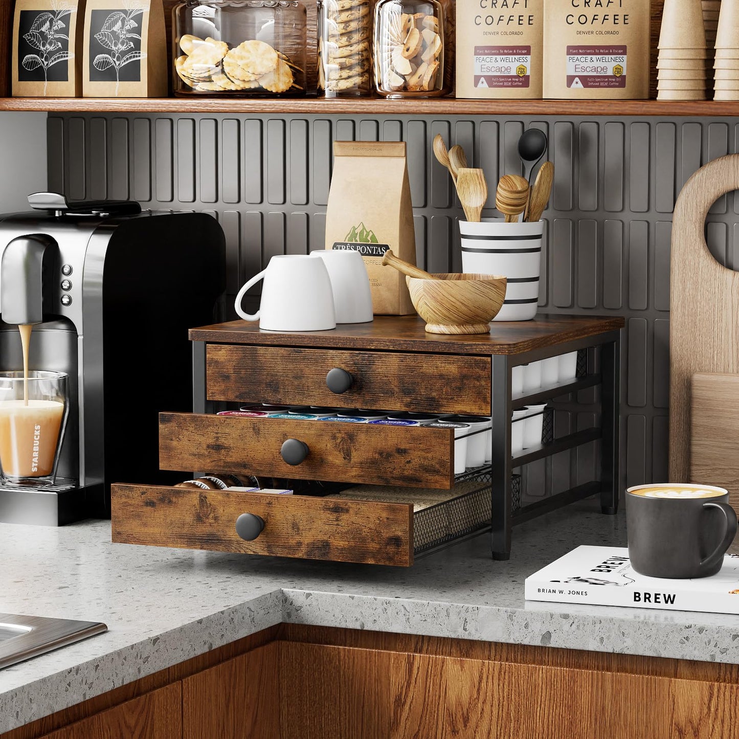 Plaviya Coffee Pod Holder for Counter, 3 Tier Coffee Bar Organizer for K Cup Capsules, 60 Capacity Pods Storage Organizer Cups Capsule with Sliding Baskets for Coffe Bar, Kitchen