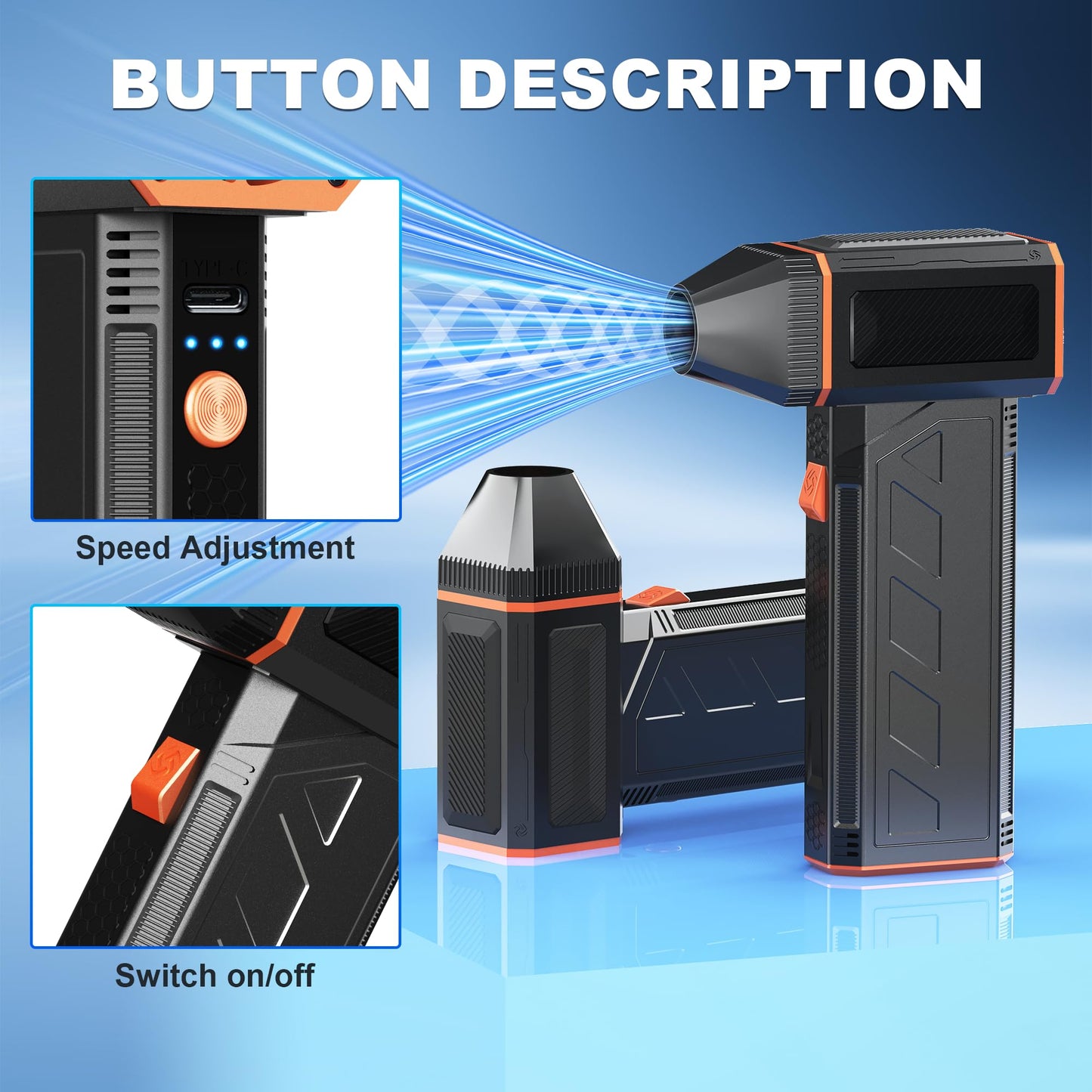 CCV Compressed Air Duster - 130000RPM Electric Air Duster for Cleaning Keyboard&PC 3 Gears Adjustable Rechargeable Cordless Jet Dry Blower Air Blower for Car and Home