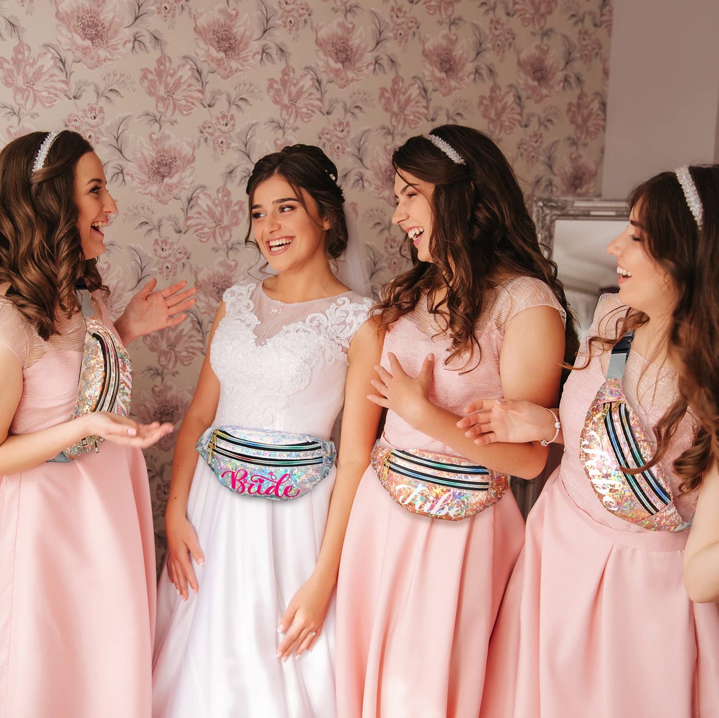 8 Pieces Bachelorette Party Gifts for Bride Holographic Bride Fanny Packs Waterproof Adjustable Bridesmaid Tribe Waist Bag Silver Rose Gold Squad Packs Rave Bags for Wedding Party Bridal Shower