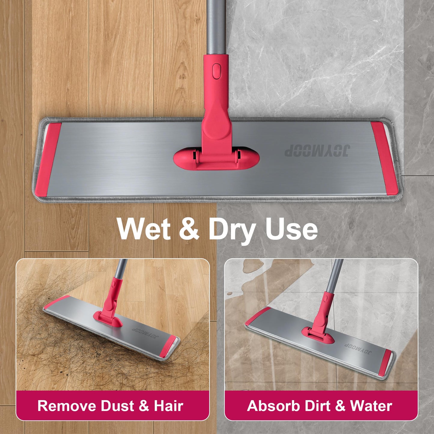 JOYMOOP 18 Inch Dust Mop for Hardwood Floors, Heavy Duty Industrial Wet Dry Mops with Telescopic Handle, Includes 3 Microfiber Mop Pads - Red-Grey
