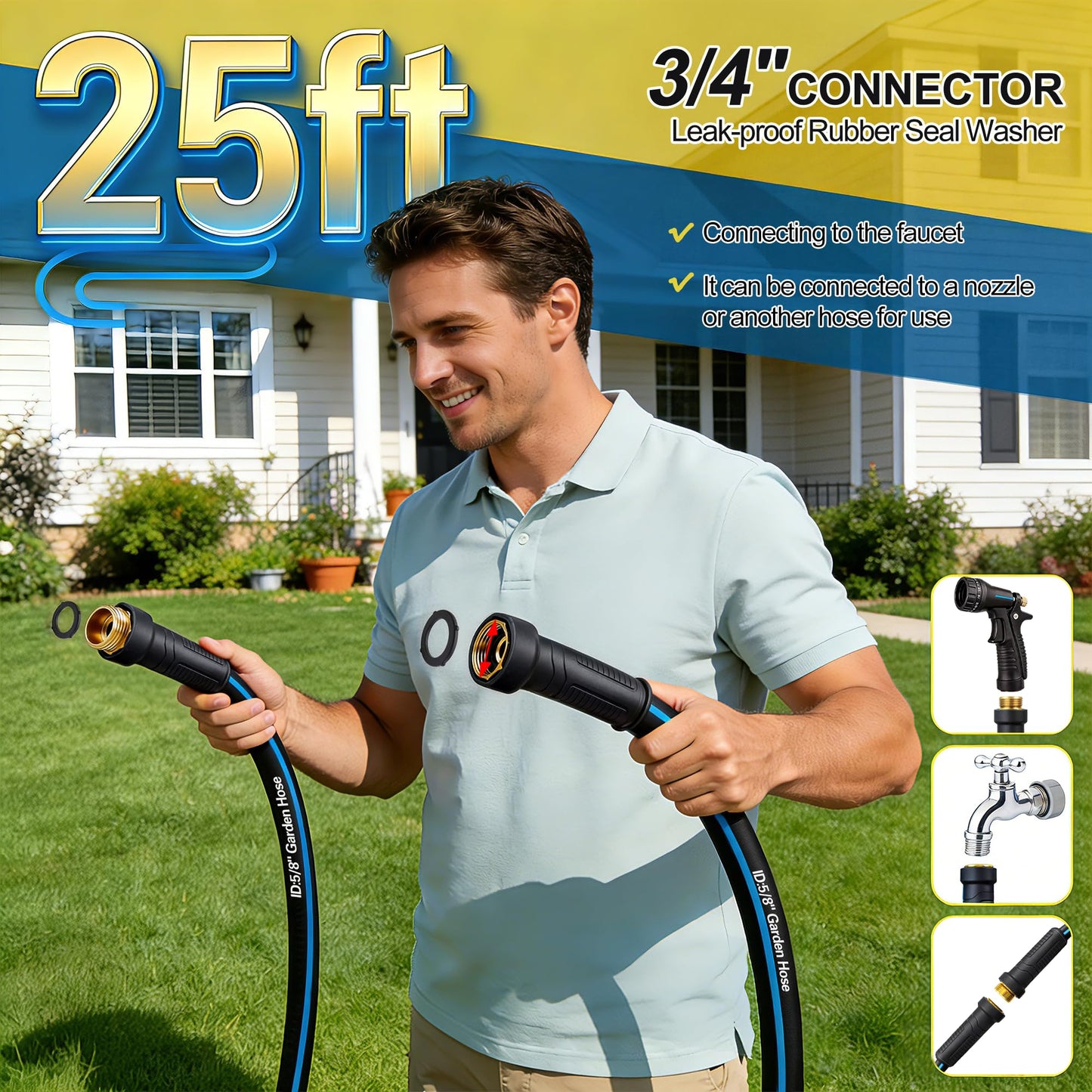 Heavy Duty Rubber Garden Hose 5/8" x 25FT, Non-Expandable Kink-Free Water Hose with Leak-Proof 3/4" Fittings for Yard Lawn and Car Wash