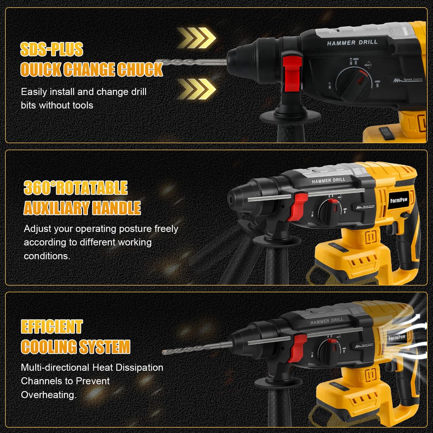 FormiPow SDS-Plus Rotary Hammer Drill for Dewalt 20V Battery, 2.6J Impact Brushless Hammer Drill with 4 Mode Operation, 360° Rotating Cordless Hammer Drills with 5 PCS Drill & Chisel Set (No Battery)