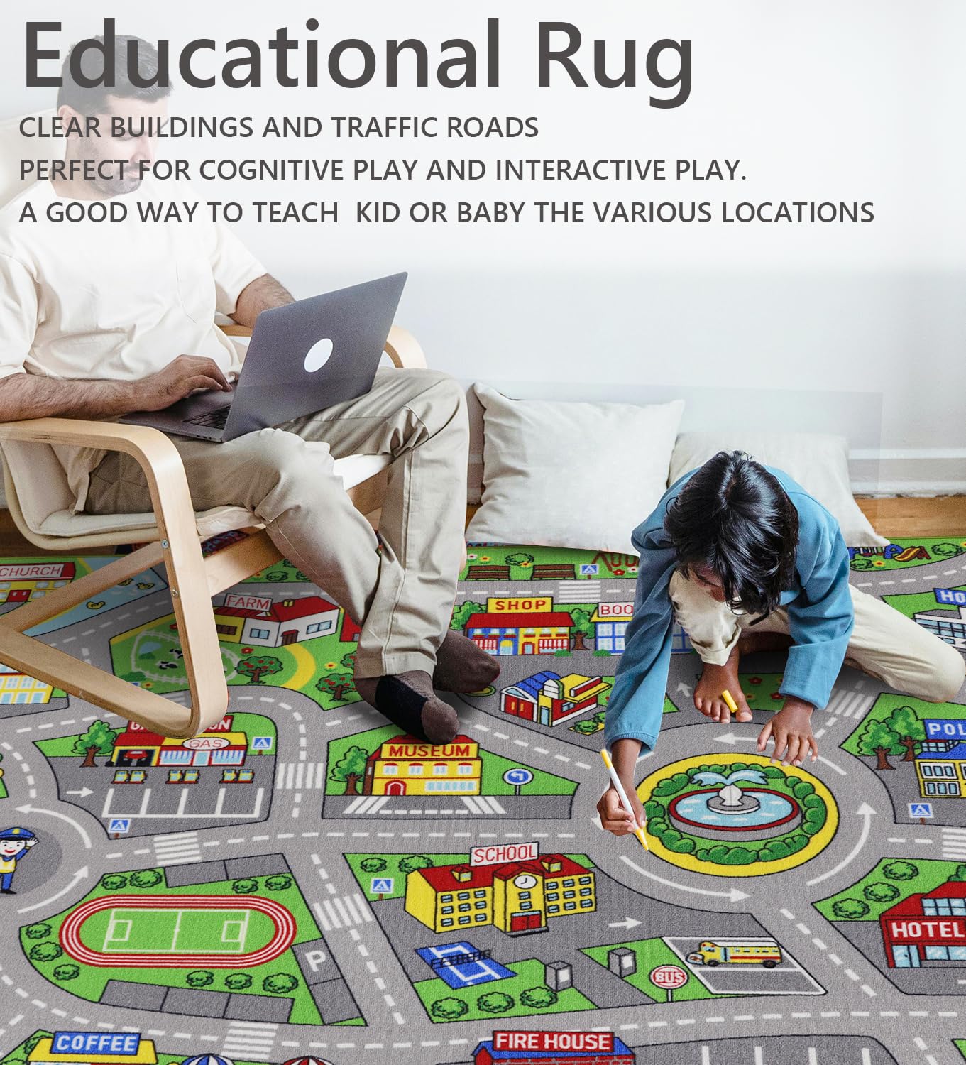 VSIWB Kids Rug 6'6" x 5'0" City Life Playmat Area Rug Car City Map Washable Traffic Road Educational Learning Nursery Rug Carpet for Children Playroom Living Room Bedroom Classroom Decor Green