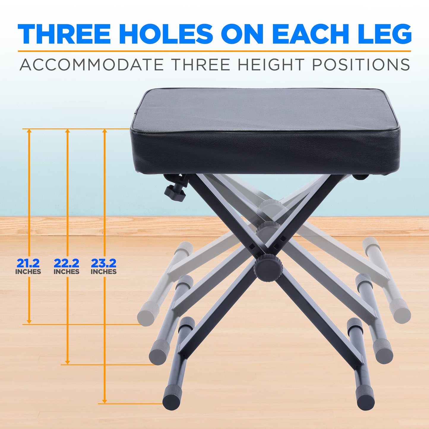 Pyle Adjustable Keyboard/Piano Bench, Padded X Style Bench, Foldable Collapsible Musician Stool with Non-Slip Rubber Feet, 3 Height Positions- for Musicians, Players & Performers-Adults, Teens, Kids