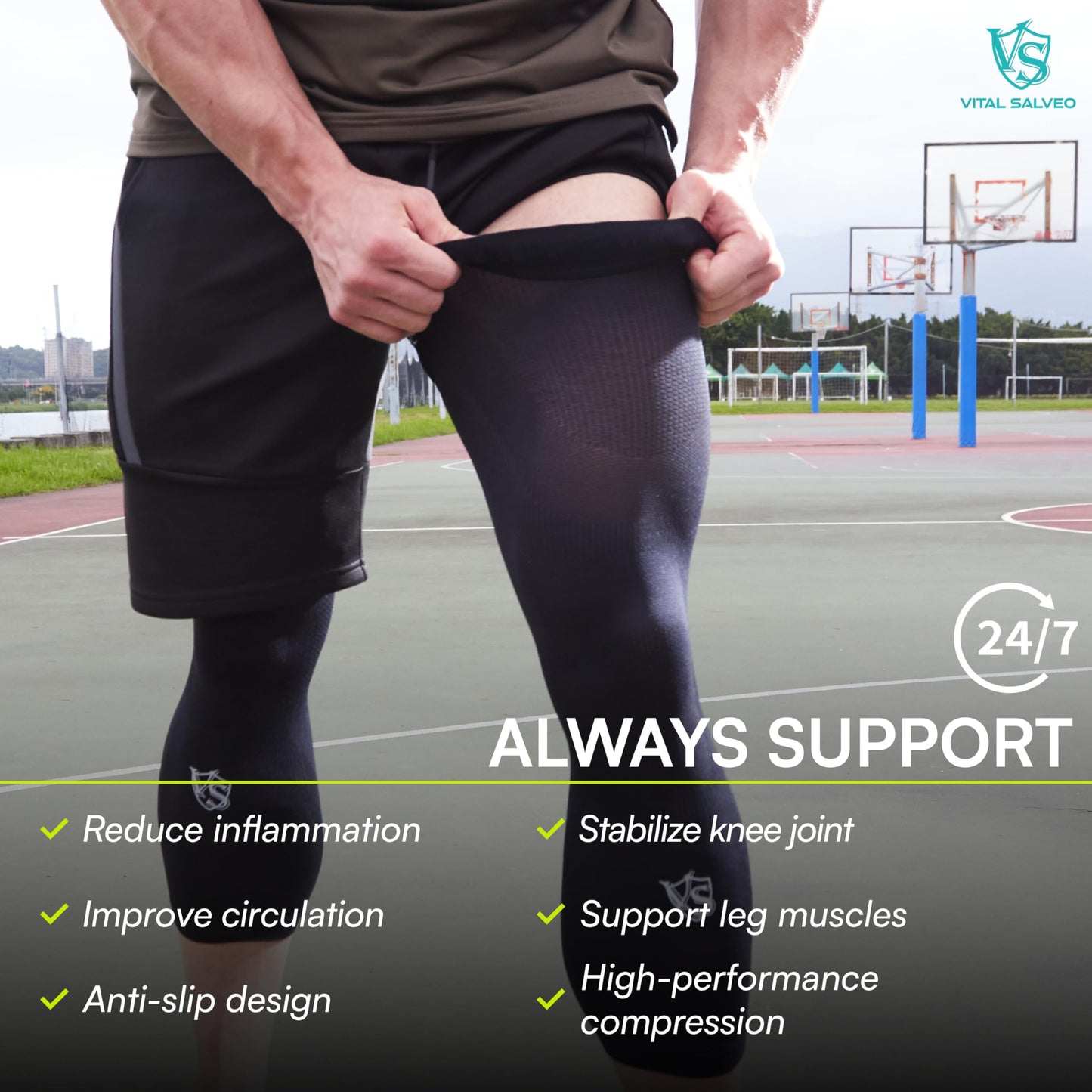 Vital Salveo-Sports and Outdoor Compression Long Knee Sleeves Support- Germanium Recovery Running, Basketball (1 Pair) XX-Large