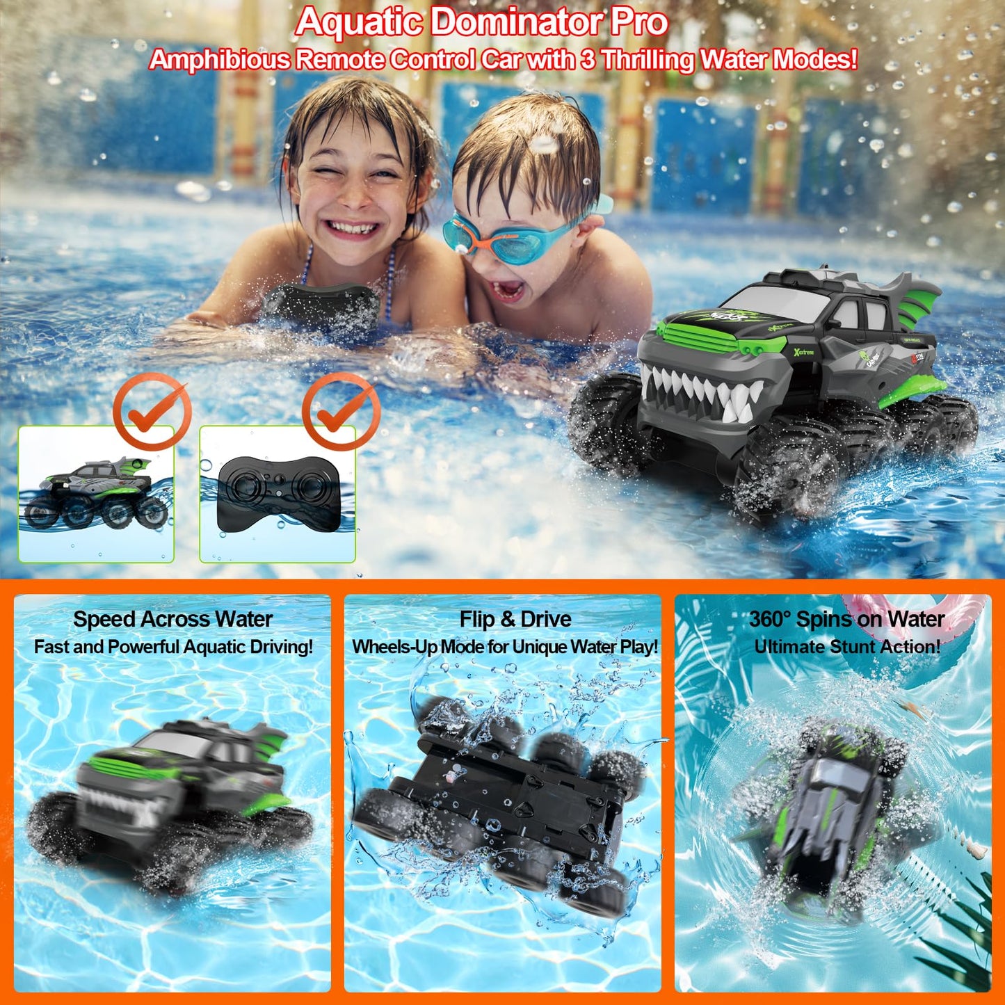Amphibious Remote Control Car 8WD RC Monster Truck with 2 Rechargeable Batteries for Boys Age 8-12 Offroad Waterproof RC Pickup All Terrain RC Drift Cars Beach Pool Toys Gifts for Kids Green