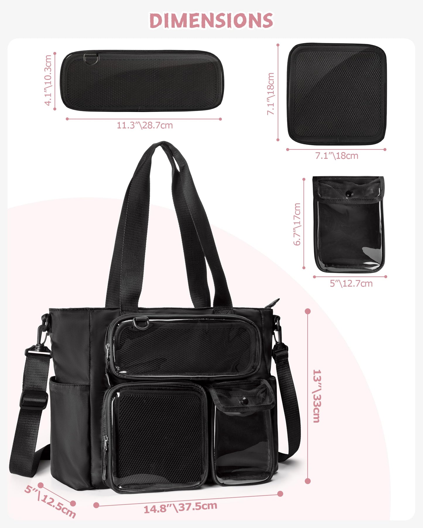 Prokva Large Ita Bag with 3 Pockets & 2 Inserts, Kawaii Ita Tote Pin Display Bag for Anime Kpop Fans, Versatile Messenger Bag, Black, Handbag (Pins NOT Included)