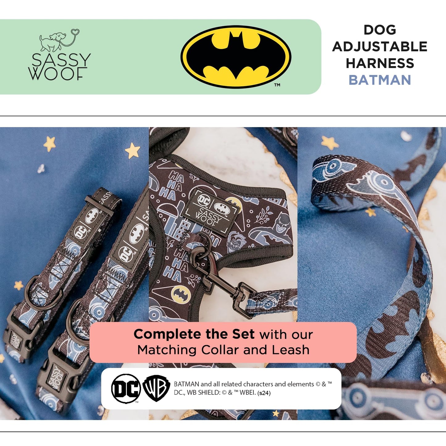 Sassy Woof Dog Adjustable Harness - Batman™ - M, Breathable Mesh, No Pull Design with Two D-Rings, Perfect for Medium Dogs