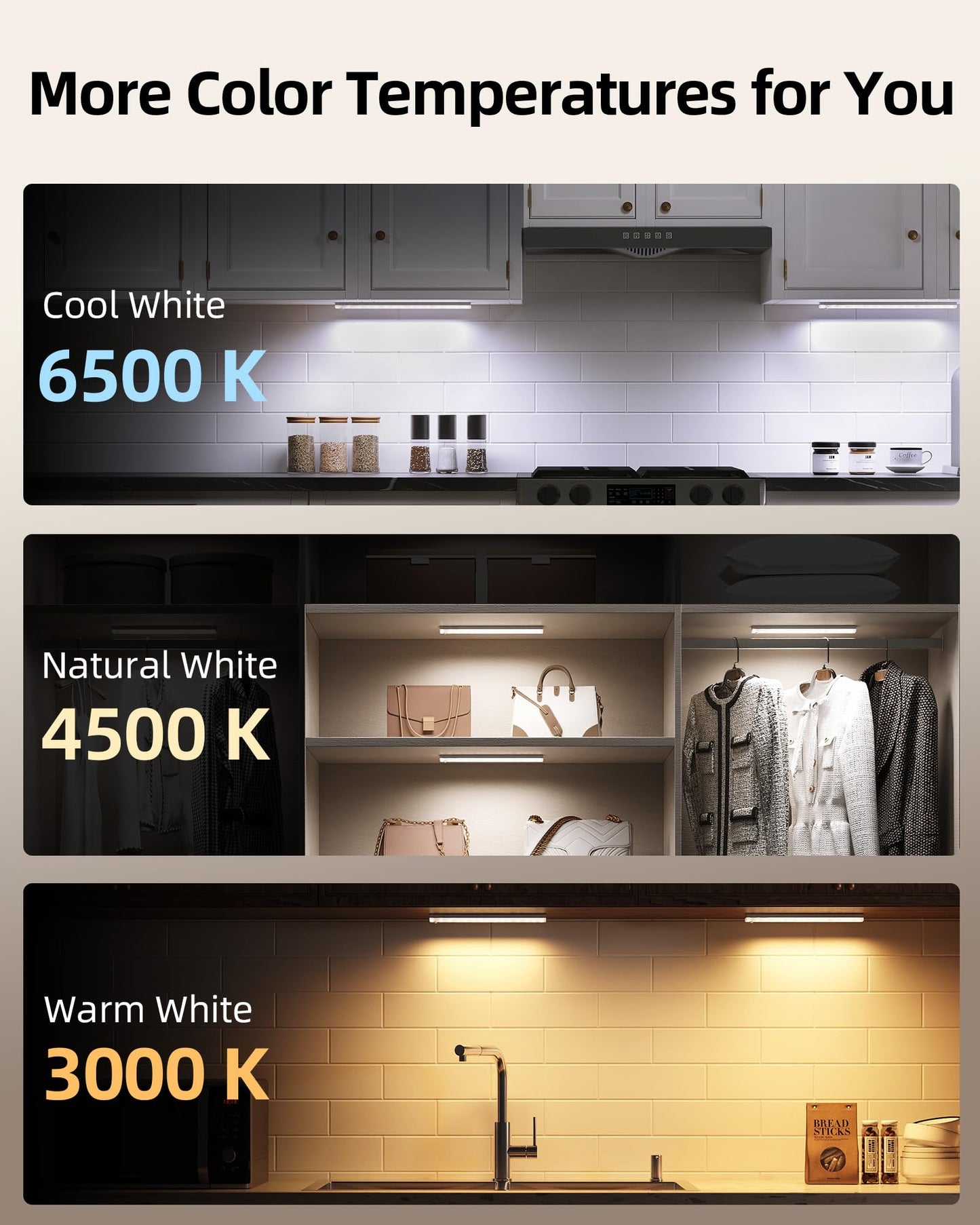 EZVALO Under Cabinet Lighting,Closet Lights for Kitchen 6 Pack 23cm with Station
