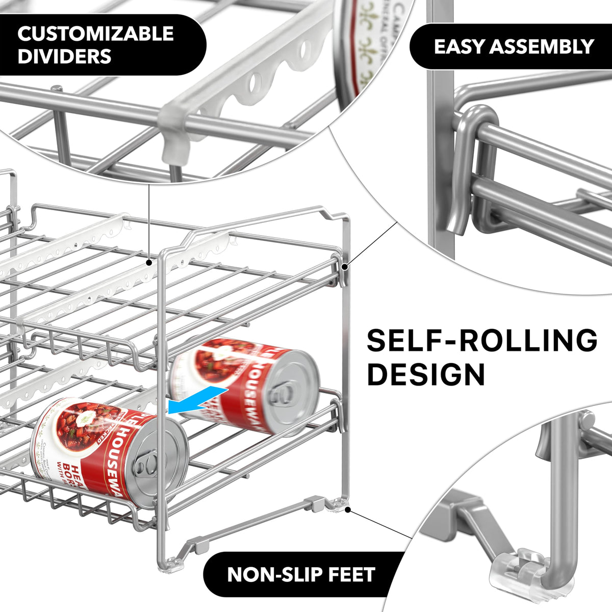 Simple Houseware 2 Tier Stackable Can Rack Organizer for Pantry Storage, 2 Pack, Silver