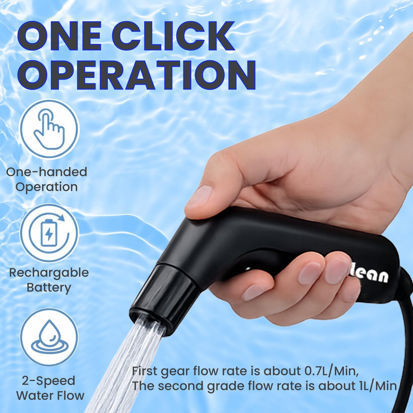 2Clean Portable Electric Travel Bidet - USB Rechargeable Bidet for Men and Women, Toilet Hygiene Solution with 2.3 Liter Container, Lightweight, Portable Device for Travel, Camping, Outdoor Living