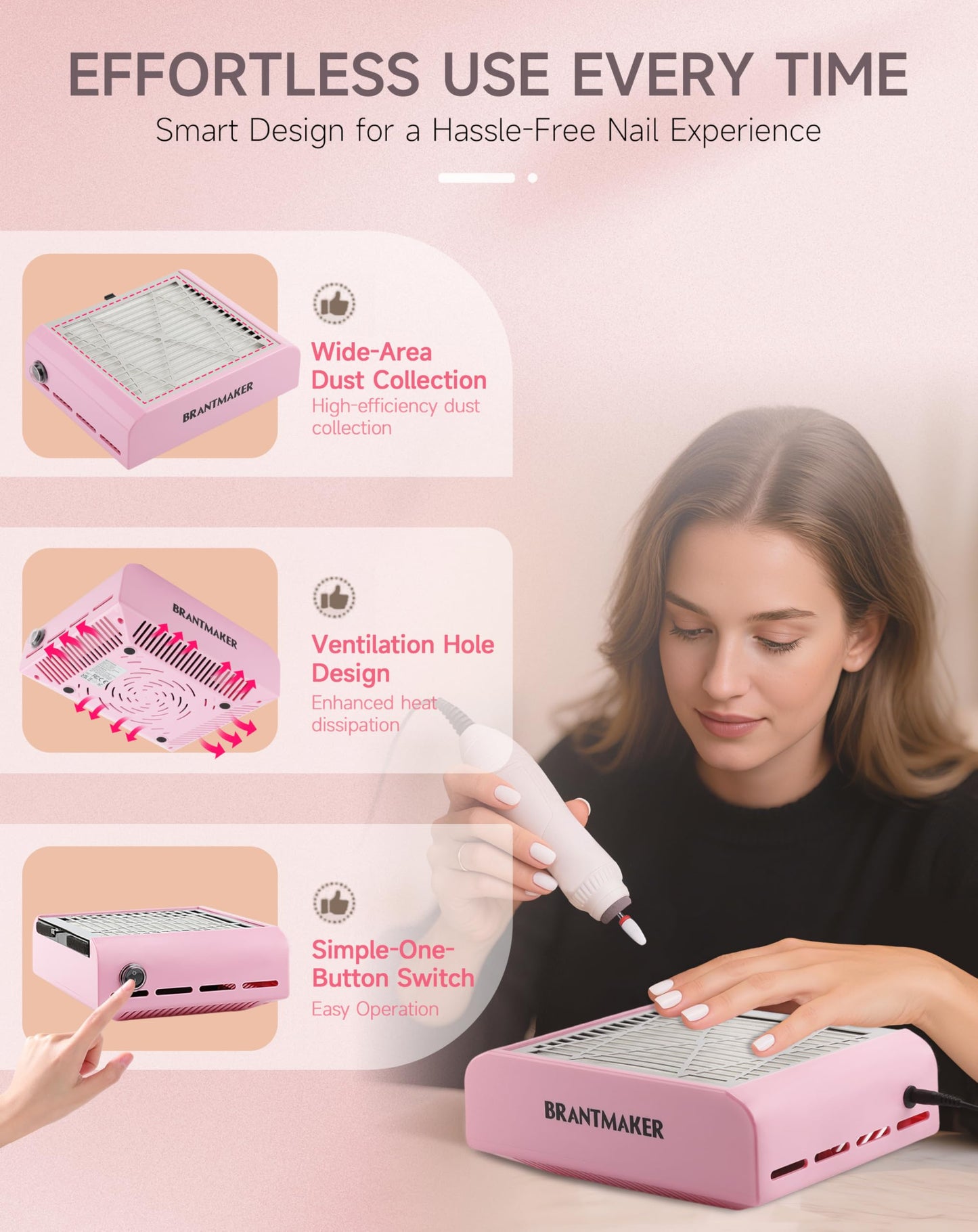 BRANTMAKER Nail Dust Collector with Brush and 2 Reusable Filters, 60W Vacuum Dust Fan for Acrylic Nails (Pink)