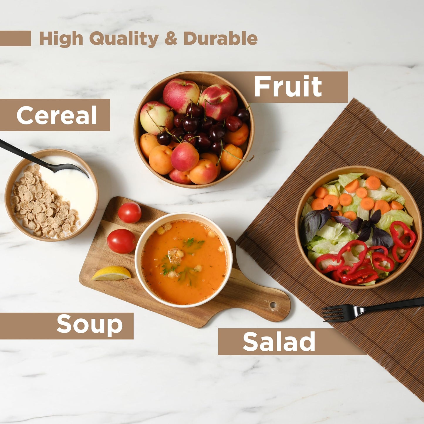 Disposable Paper Meal Prep Containers with Lids & Utensils – Brown Cardboard Food Bowls, Recyclable to-Go Food Containers for Hot & Cold Meals, 50-Pack (20 OZ)