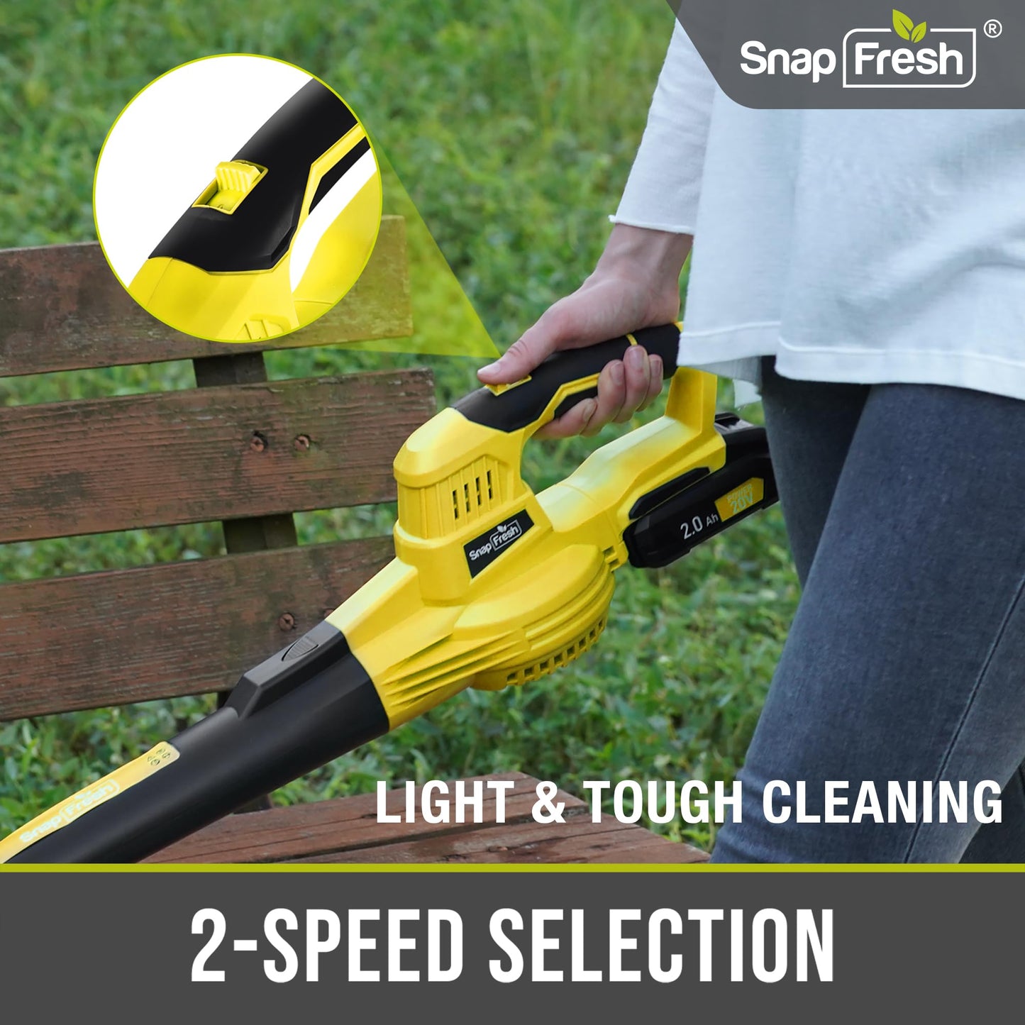 SnapFresh Leaf Blower Cordless - 20V Electric Leaf Blower with 2.0Ah Battery & Charger, Lightweight 2-Speed Leaf Blowers for Lawn Care and Yard/Garden/Patio Cleaning, Yellow