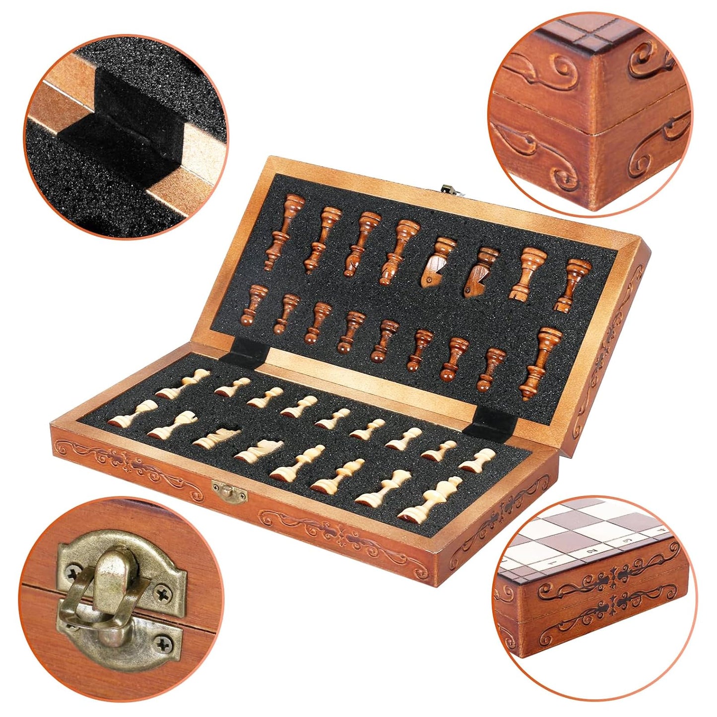 Syrace Magnetic Wooden Chess Set Board Games- Handmade Portable Travel Chess Board Game Sets with Game Pieces Storage Slots