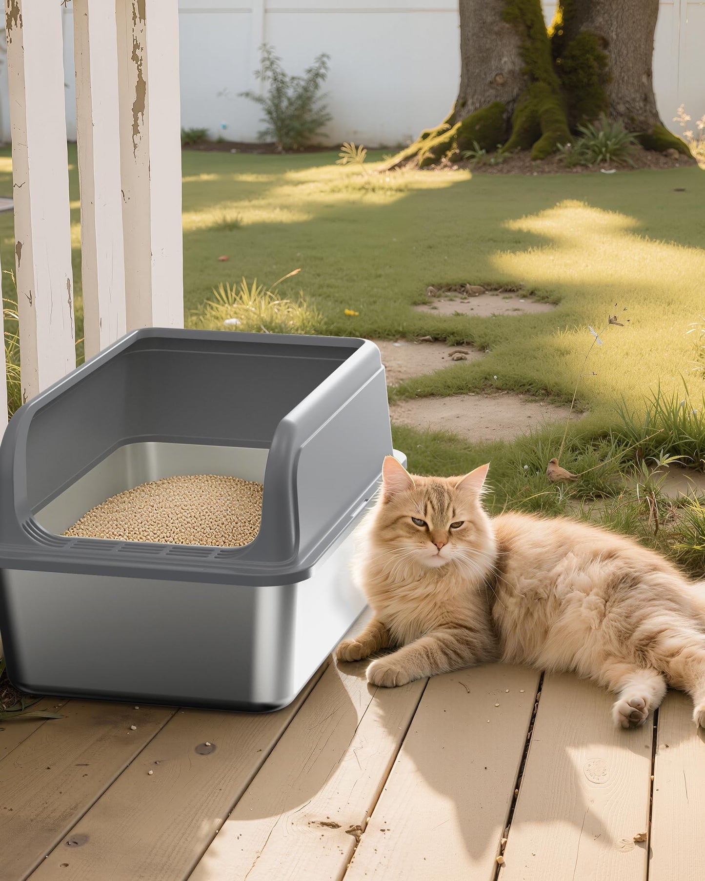 Powools Stainless Steel Cat Litter Box, Metal Kitty Litter Box with Scoop, Anti-Leakage Top Entry, Non-Sticky, Easy to Clean, Grey, L (1 Pack)