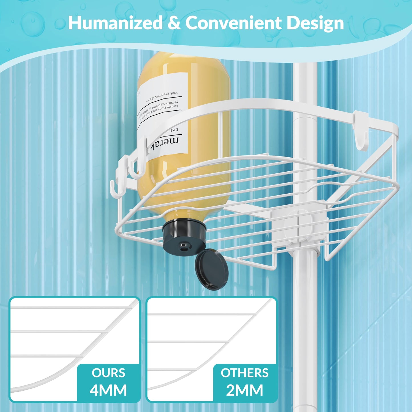 TIMIANO Shower Caddy Tension Pole, 4-Tier Adjustable Corner Shower Standing Caddy, Rustproof Shower Rack for Bathroom Bathtub, with 4 Shelves, No Drilling Shower Shelf for Inside Shower (White)