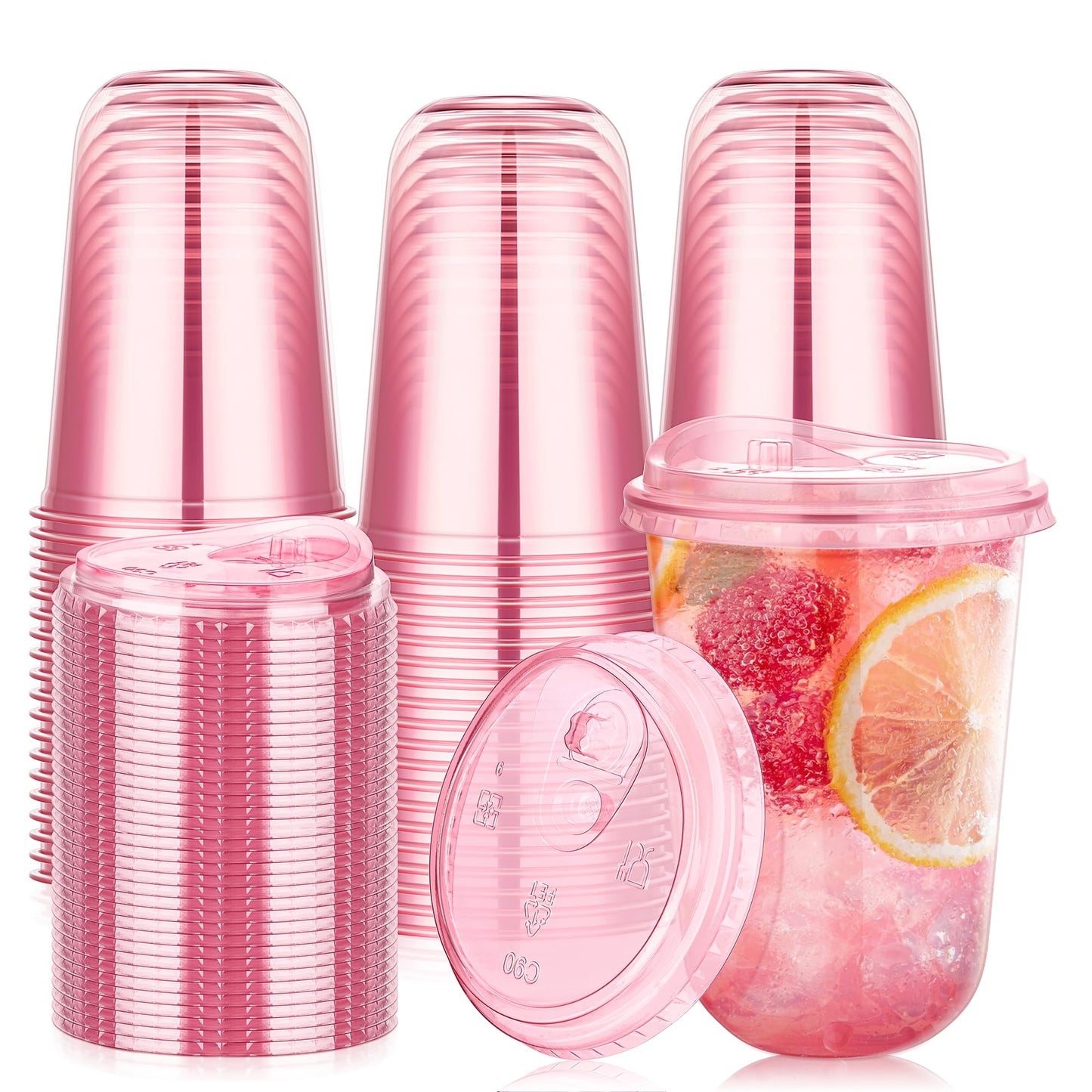 KesaPlan 50 Pack 16 oz Pink Plastic Cups with Sip Lids, Disposable Iced Coffee Cup with Strawless Lid, Round Bottom Stemless To Go Glasses for Cold Drinks Smoothie Milkshake Lemonade